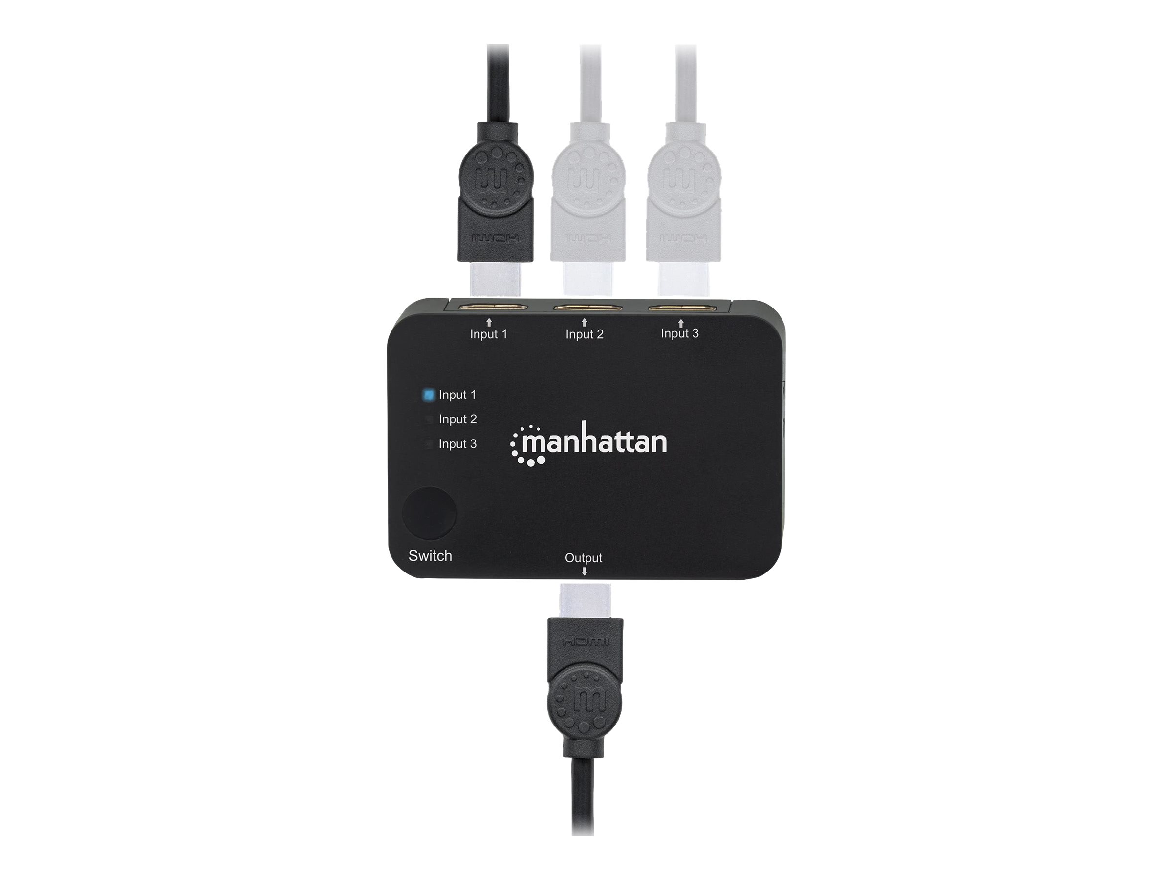 Manhattan HDMI Switch 3-Port , 4K@30Hz, Connects x3 HDMI sources to x1 display, Automatic and Manual Switching (via button), USB-A Powered (cable included, 0.7m), Black, Three Year Warranty, Retail Box - Video/Audio-Schalter - 3 x HDMI - Desktop