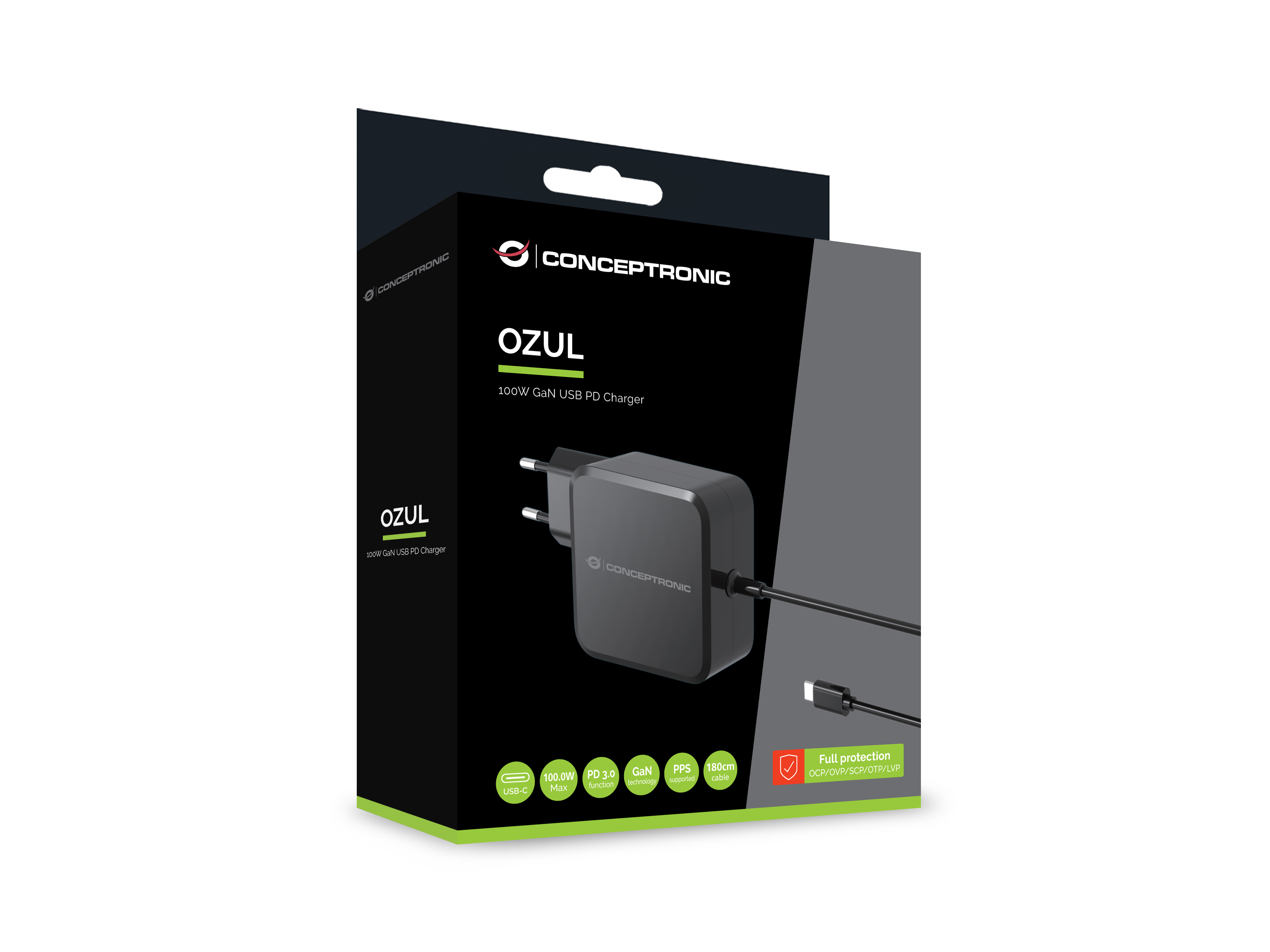 Conceptronic OZUL05BE 100W GaN USB-PD-Ladegerät - Eingebautes USB-C-Kabel - Drinnen - AC - 20 V - 1,8 m - Schwarz, Ansicht 3
