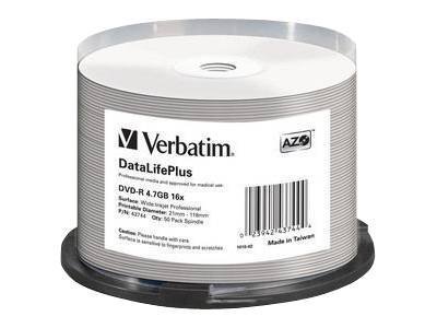 Verbatim DataLifePlus Professional - 50 x DVD-R - 4.7 GB 16x - weiß - mit Tintenstrahldrucker bedruckbare Oberfläche, breite bedruckbare Oberfläche - Spindel