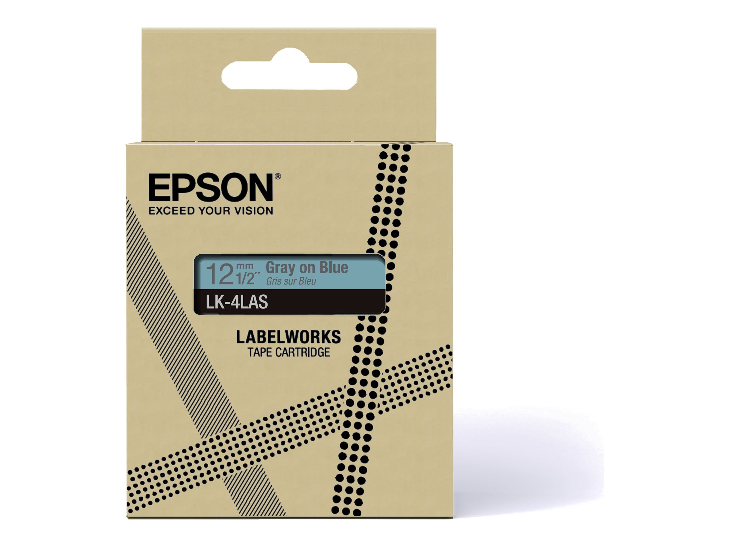 Epson LabelWorks LK-4LAS - Grau auf Blau - Rolle (1,2 cm x 8 m) 1 Kassette(n) Hängebox - Bandkassette - für LabelWorks LW-C410, LW-C610