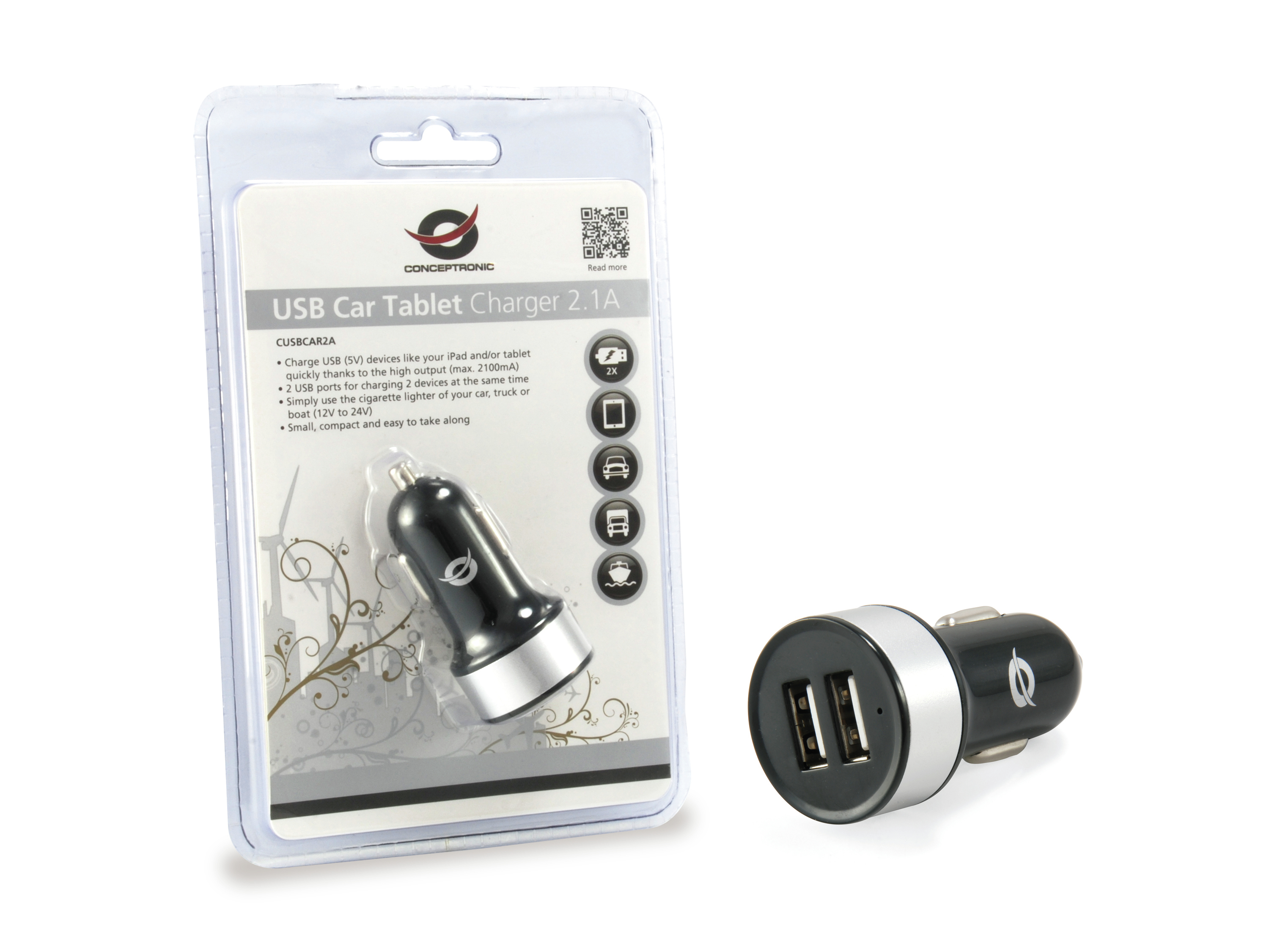 Conceptronic CUSBCAR2A USB Car Tablet Charger 2A - Auto-Netzteil - 2000 mA - 2 Ausgabeanschlussstellen (USB), Ansicht 2