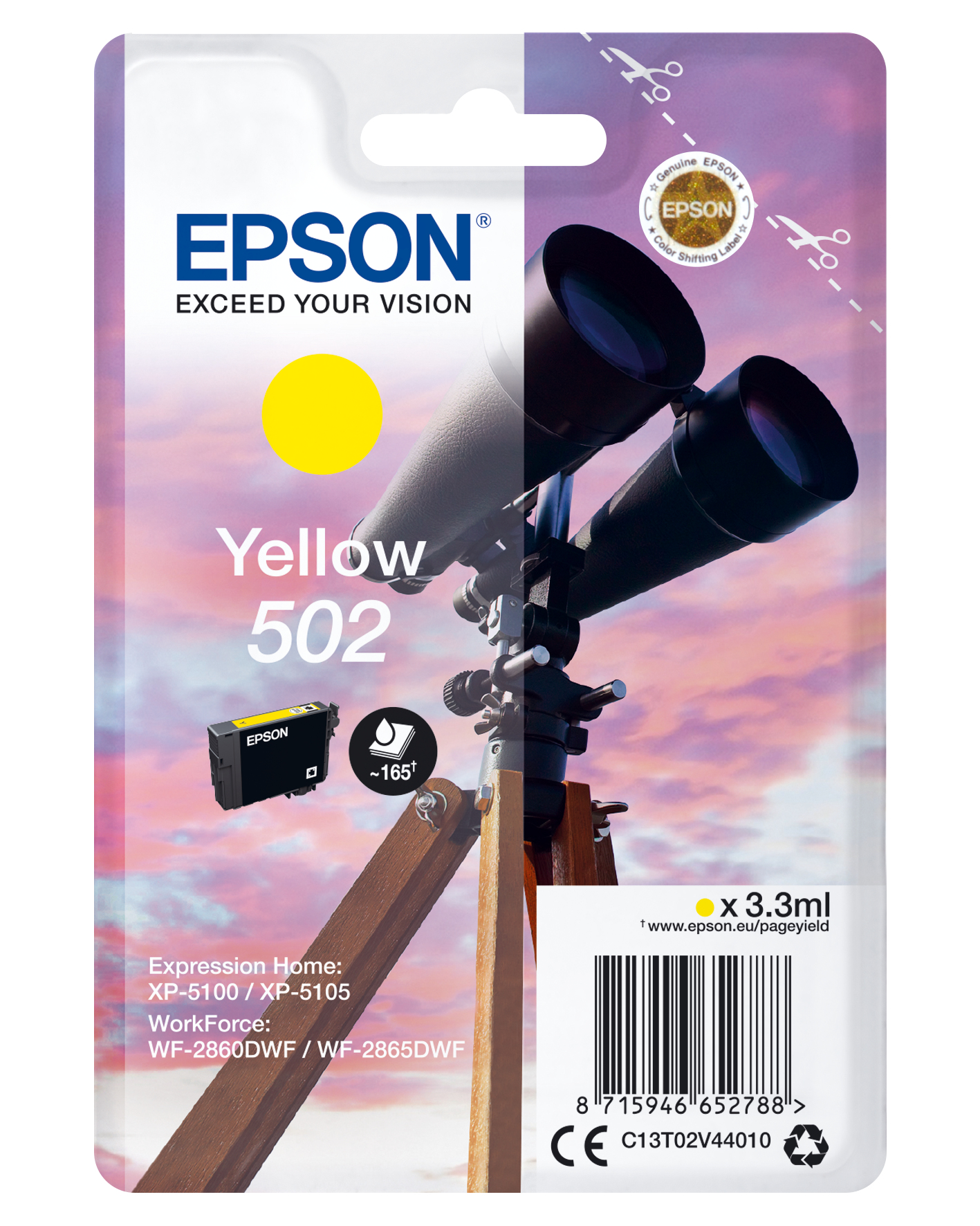 Epson Singlepack Yellow 502 Ink, Standardertrag, Tinte auf Pigmentbasis, 3,3 ml, 165 Seiten, 1 Stück(e)