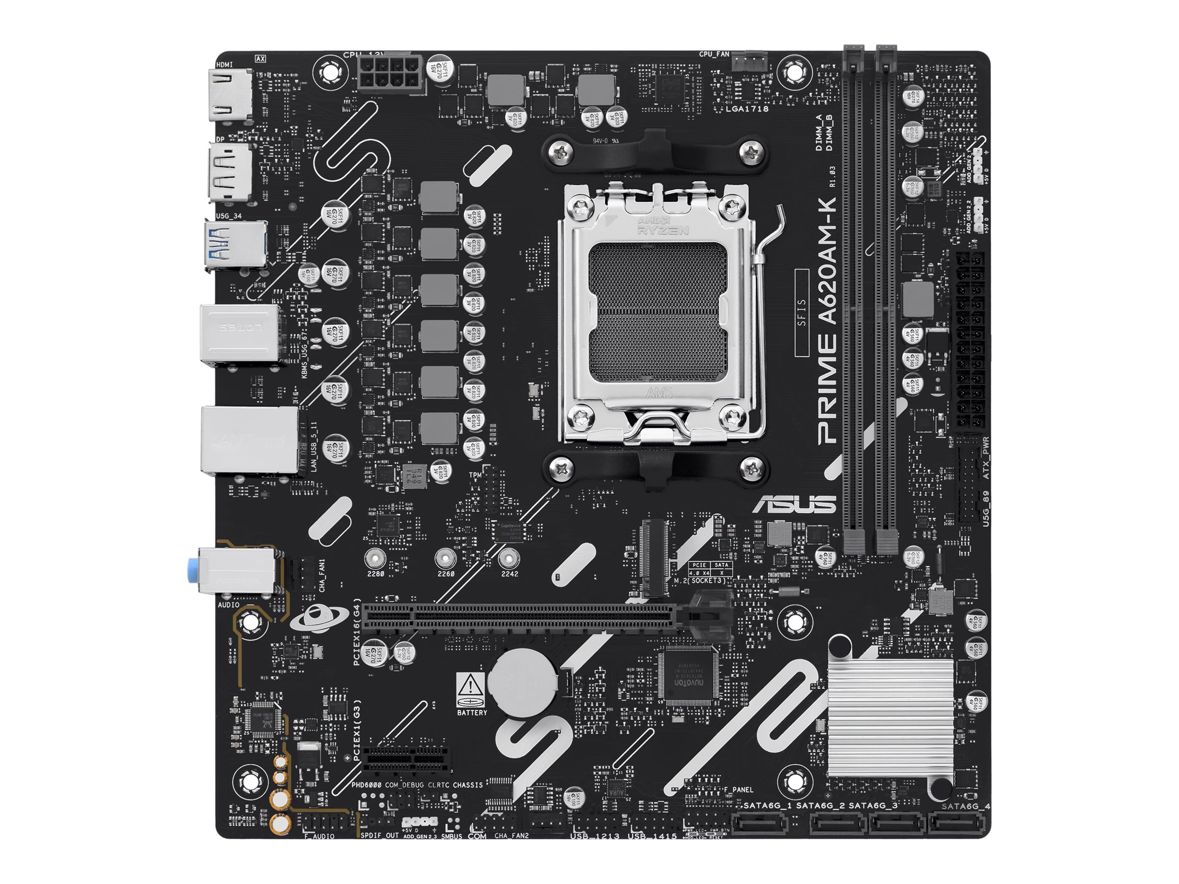 ASUS PRIME A620AM-K - Motherboard - micro ATX - Socket AM5 - AMD A620A Chipsatz - USB 3.2 Gen 1 - Gigabit LAN - Onboard-Grafik (CPU erforderlich)