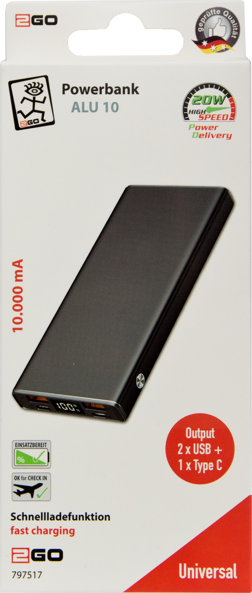 2GO Powerbank 10000mAh USB-C Aluminium - Batterie - 10.000 mAh, Ansicht 2