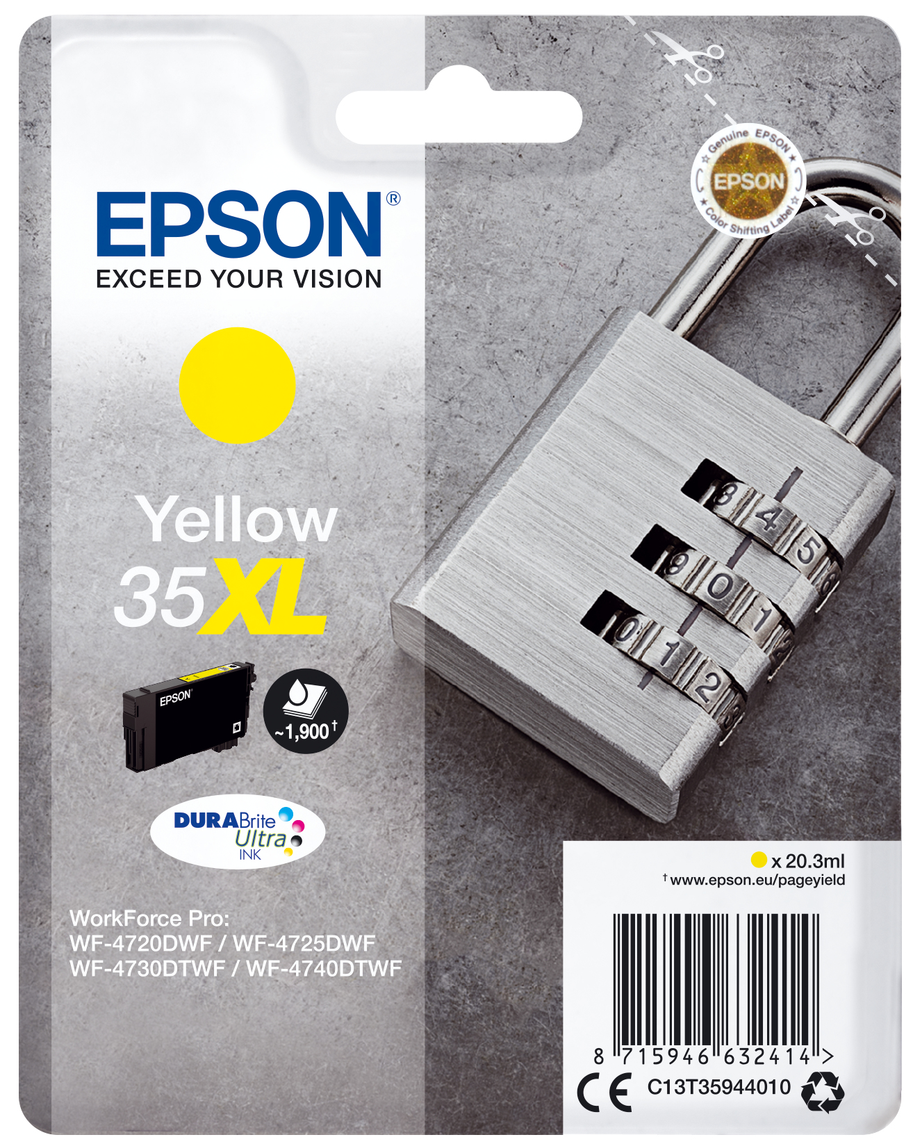 Epson Padlock Singlepack Yellow 35XL DURABrite Ultra Ink - Hohe (XL-) Ausbeute - Tinte auf Pigmentbasis - 20,3 ml - 1900 Seiten - 1 Stück(e)