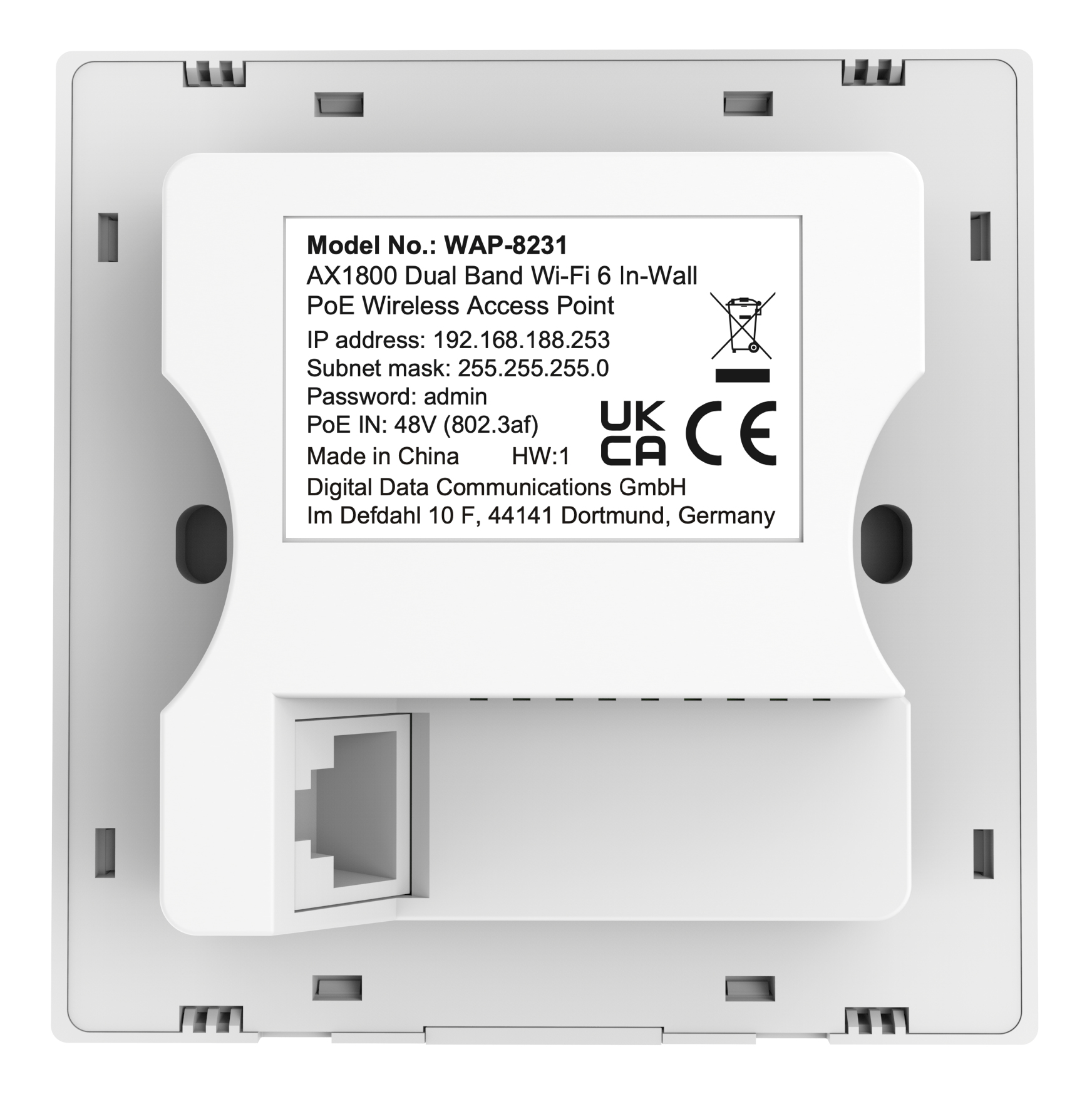LevelOne AX1800 Dual-Band Wi-Fi 6 In-Wall PoE Wireless Access Point - 2,4 GHz - 5 GHz - 1800 Mbit/s - WPA2-AES - WPA3, Ansicht 4