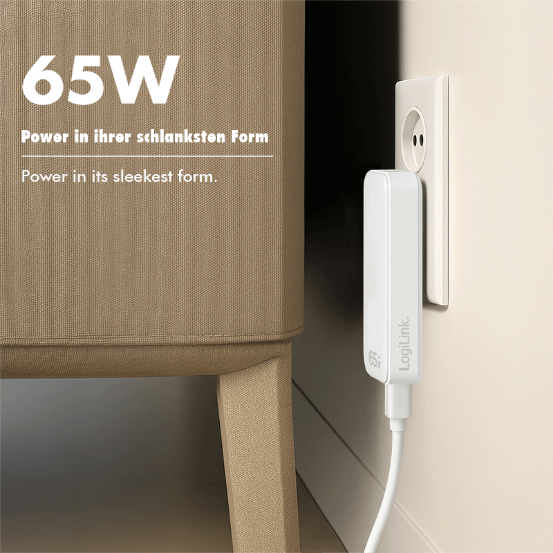LogiLink USB Steckdosenadapter 1xUSB-A 1xUSB-C 65W weiß, Ansicht 4