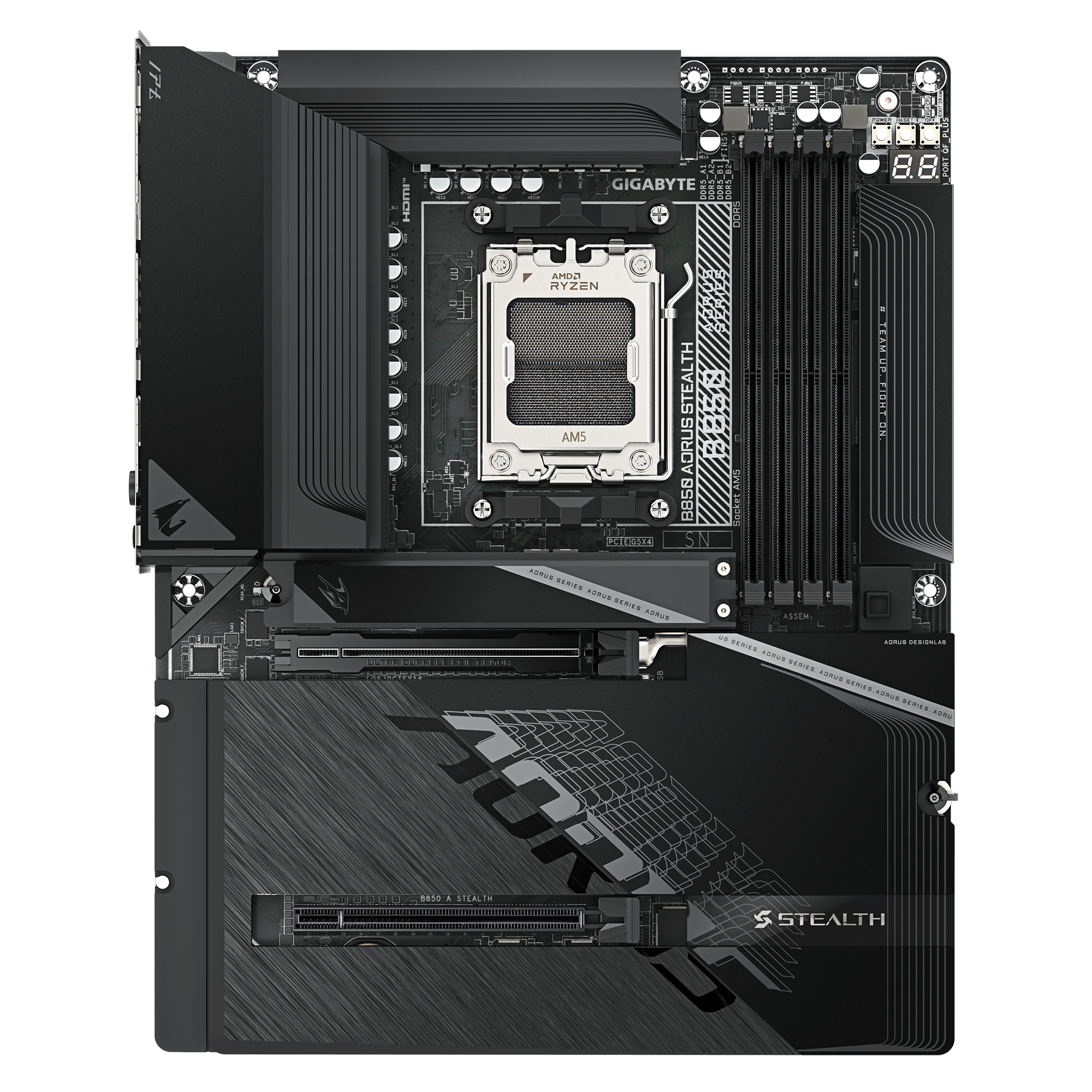 Gigabyte AORUS B850 STEALTH ICE - Motherboard - ATX - LGA1851 Sockel - AMD B850 Chipsatz - BT, WiFi 7, 5 GB Ethernet, Ansicht 3