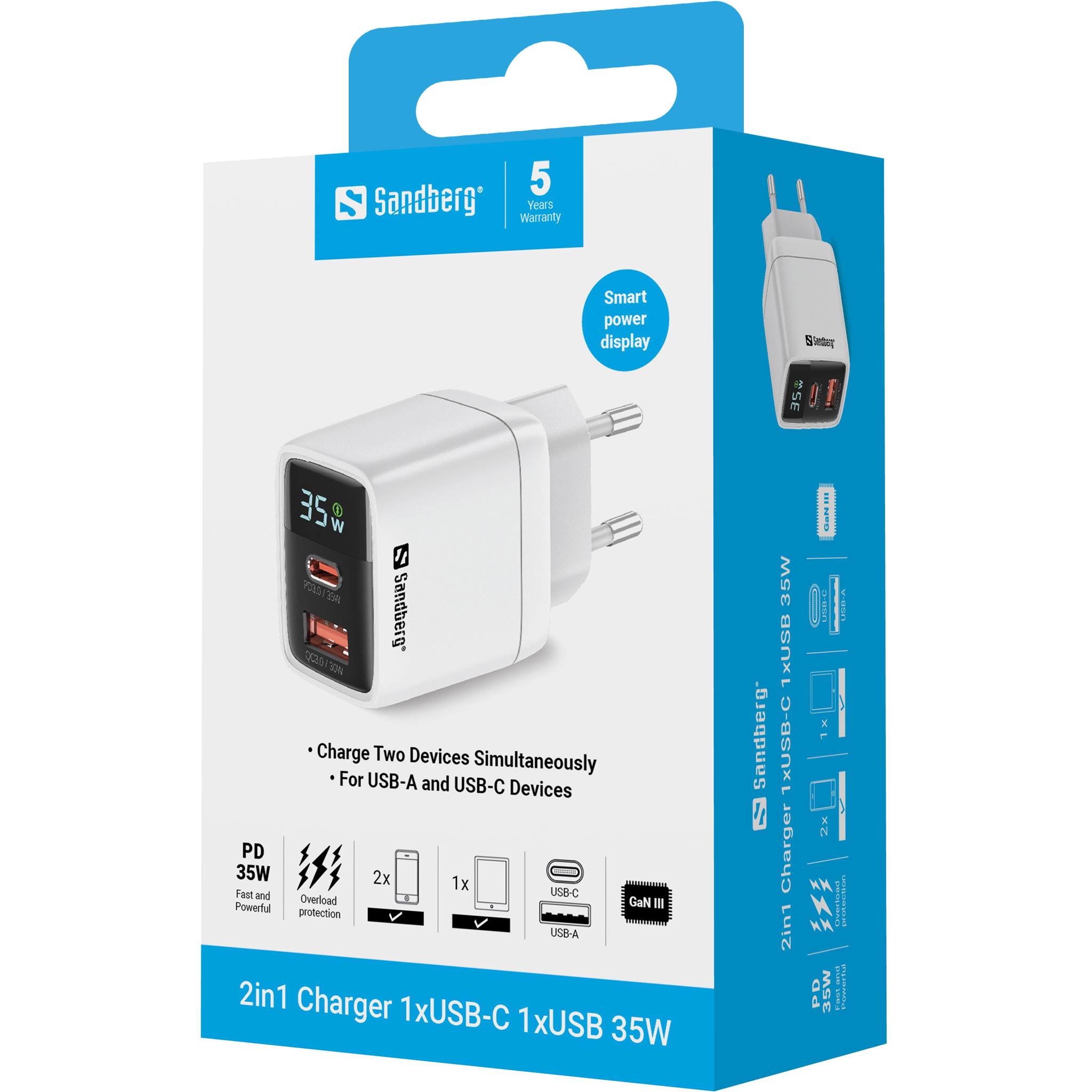 SANDBERG Netzteil - 2-in-1 - 35 Watt - 3 A - PD 3.0, Quick Charge 3.0 - 2 Ausgabeanschlussstellen (USB, 24 pin USB-C), Ansicht 2