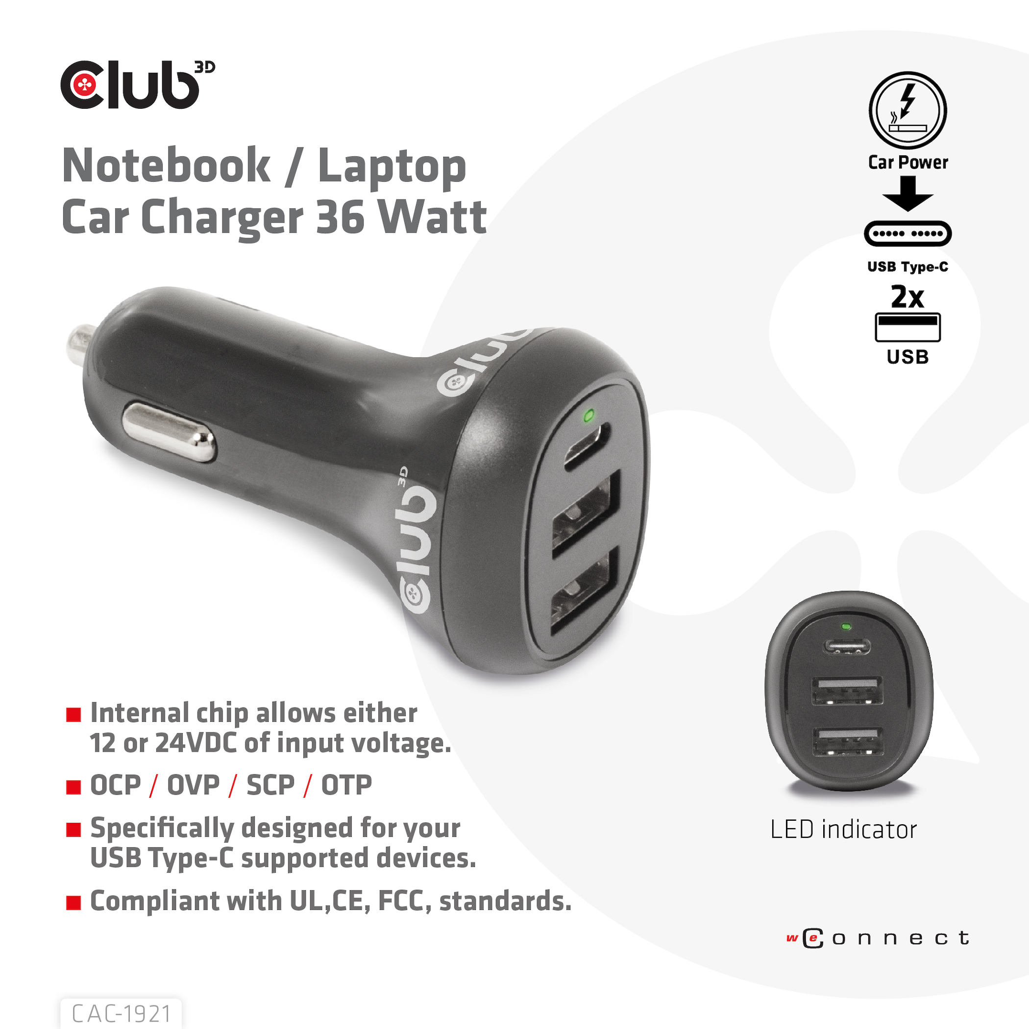 Club 3D CAC-1921 - Auto-Netzteil - 12 - 24 V, Ansicht 2
