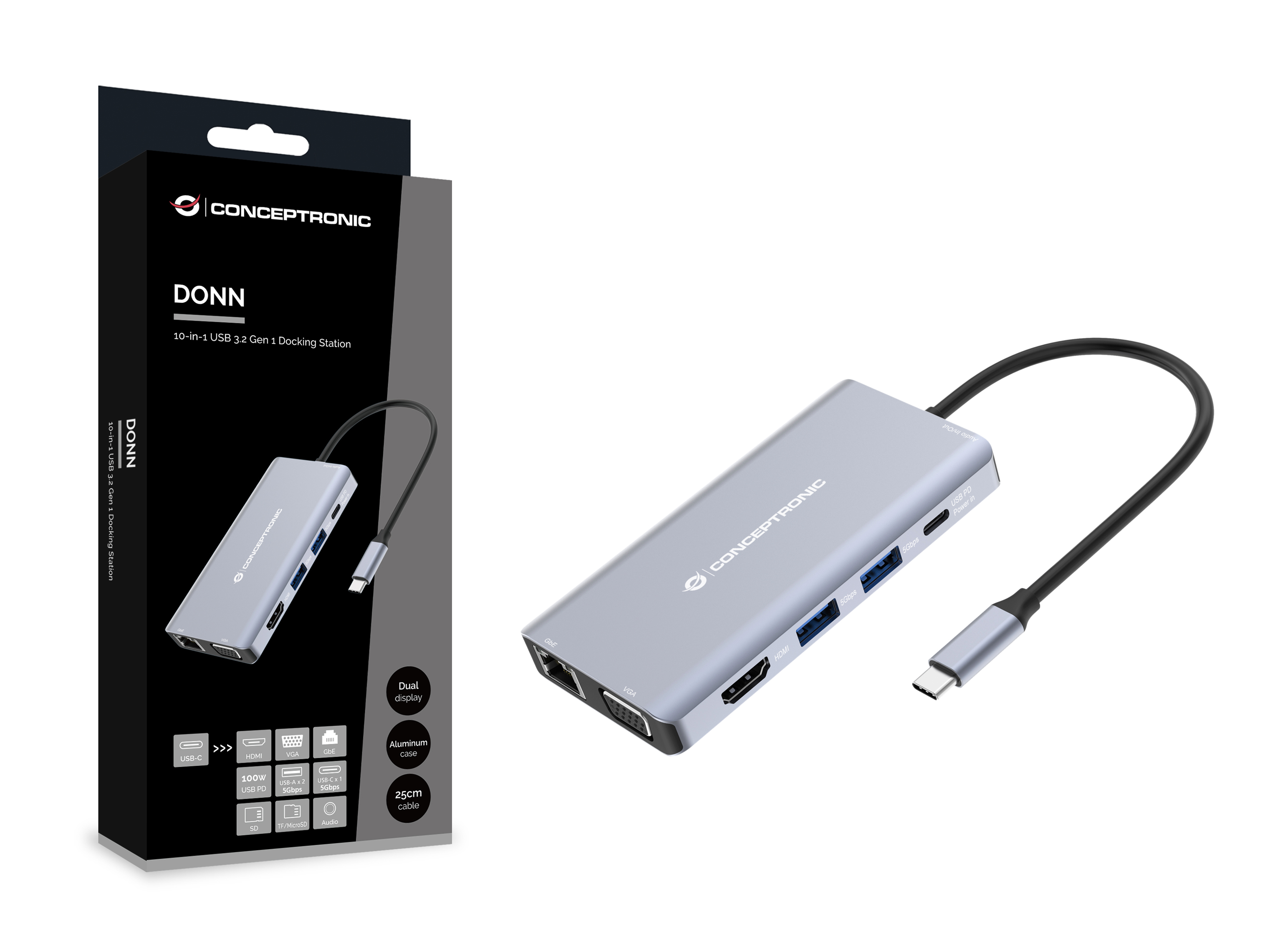 Conceptronic Dock USB-C->HDMI 2xUSB-A GbE 100WPD+ 25cm gr, Ansicht 3