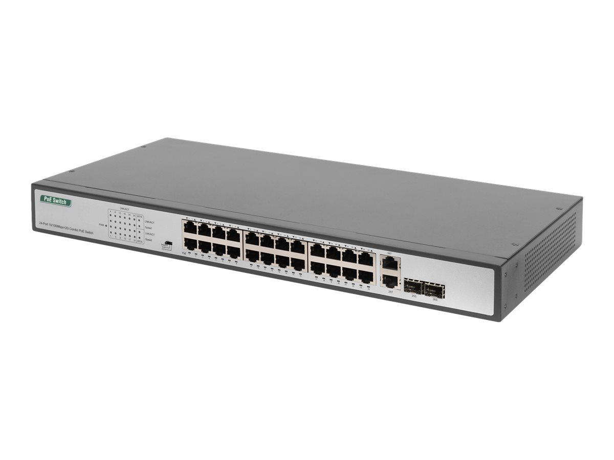 DIGITUS 24-Port Fast Ethernet  PoE Netzwerkswitch, 19 Zoll, unmanaged, 2 GE Uplink Ports, SFP, 370 W, af/at
