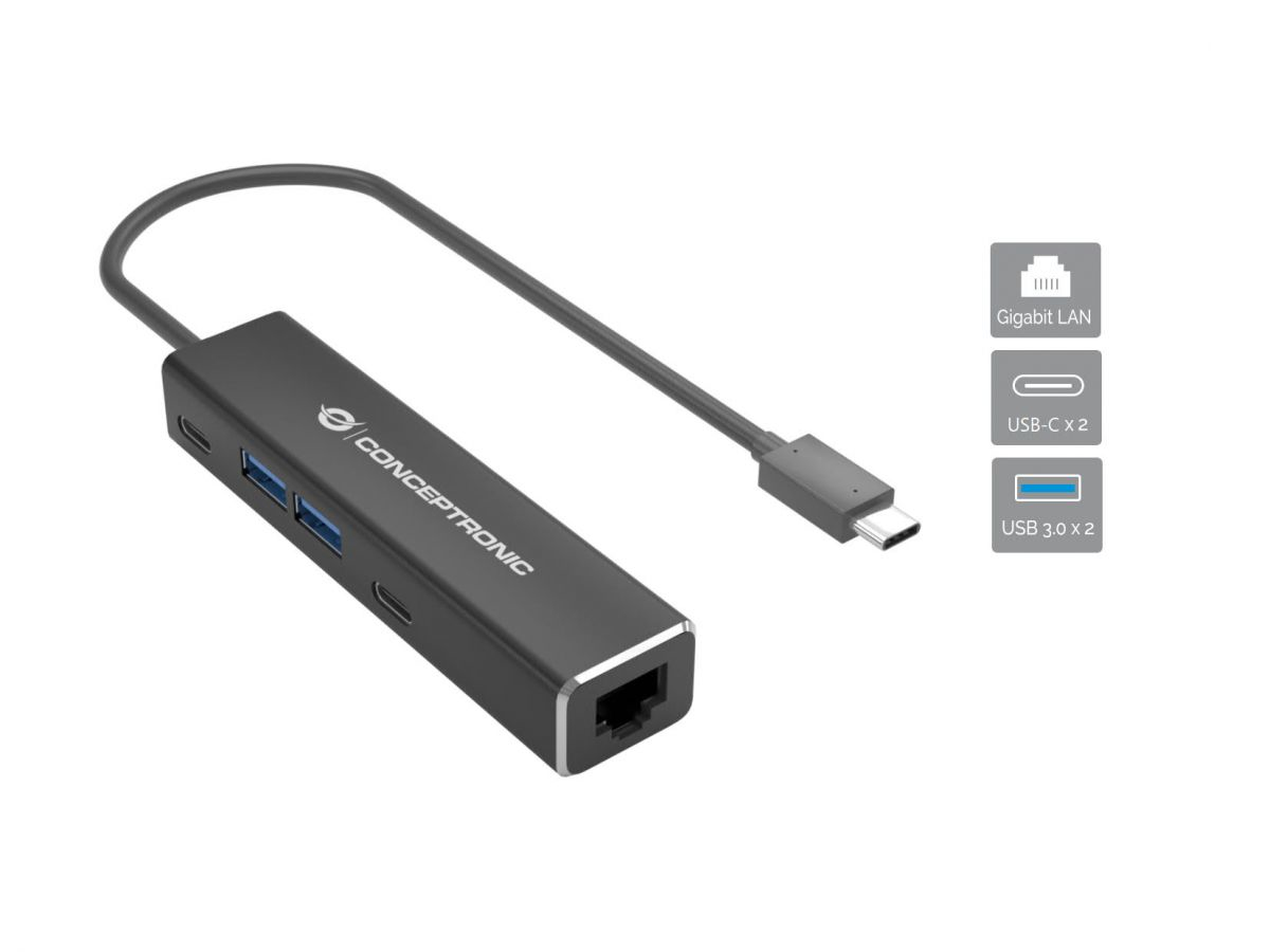 Conceptronic ABBY13B Gigabit Ethernet USB 3.2 Gen 1 Adapter mit USB-Hub - GbE - USB-A x 2 - USB-C x 2 - Kabelgebunden, Ansicht 4