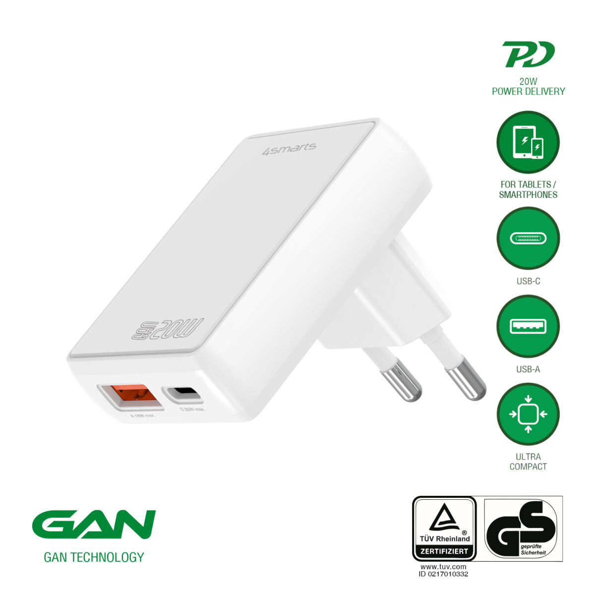 4smarts Netzladegerät FlatPlug Duos 20W GaN 1C, Ansicht 2