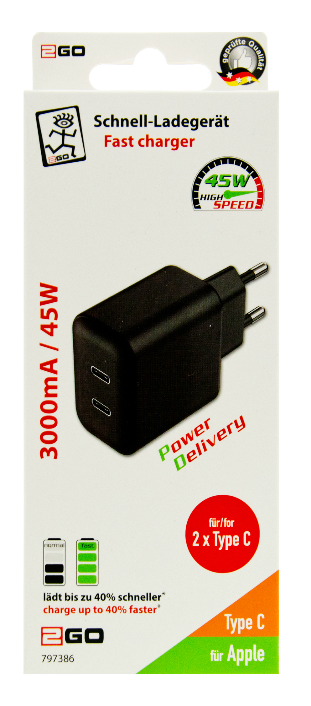 2GO Ladegerät 45W 2-Port 2x USB-C schwarz, Ansicht 2