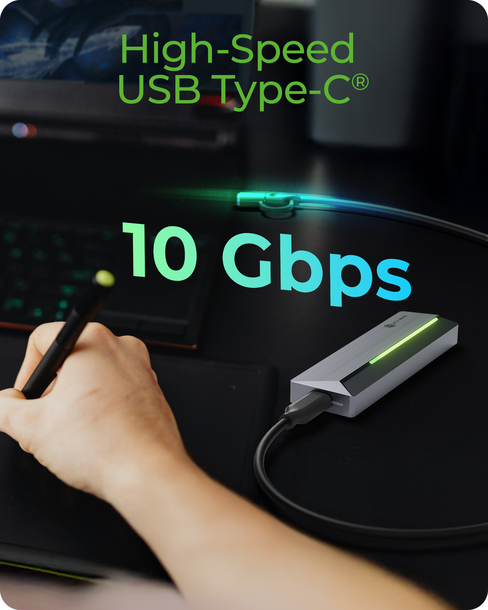 ICY BOX Gehäuse extern M.2 NVMe Ssd RGB 10Gbps USB3.2 Gen2 Type-C Host - - Usb 3 - Gehäuse - USB 3.0, Ansicht 2