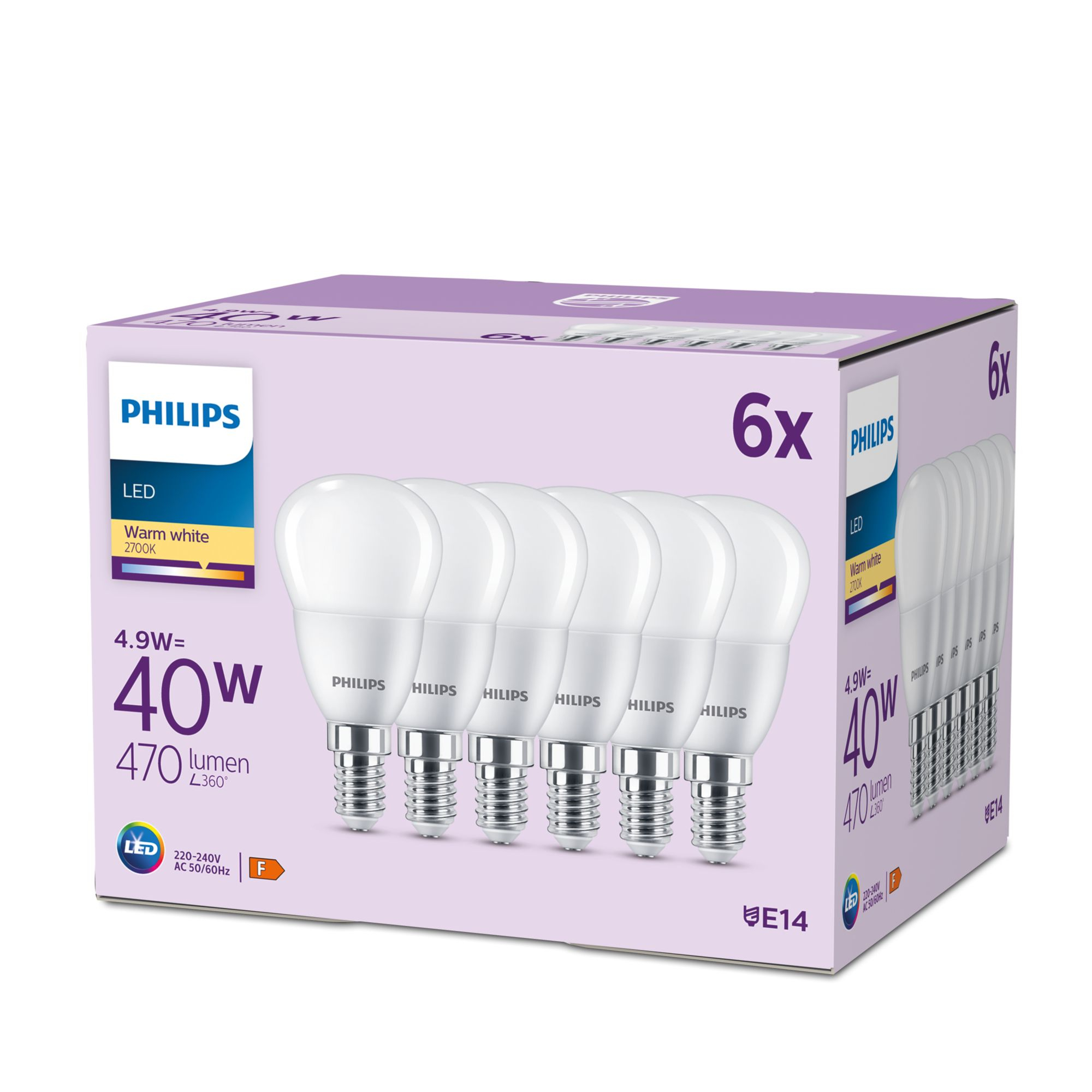 Philips Kerzenlampe 40W P45 E14 x6 - 4,9 W - 40 W - E14 - 470 lm - 15000 h - Warmweiß, Ansicht 2