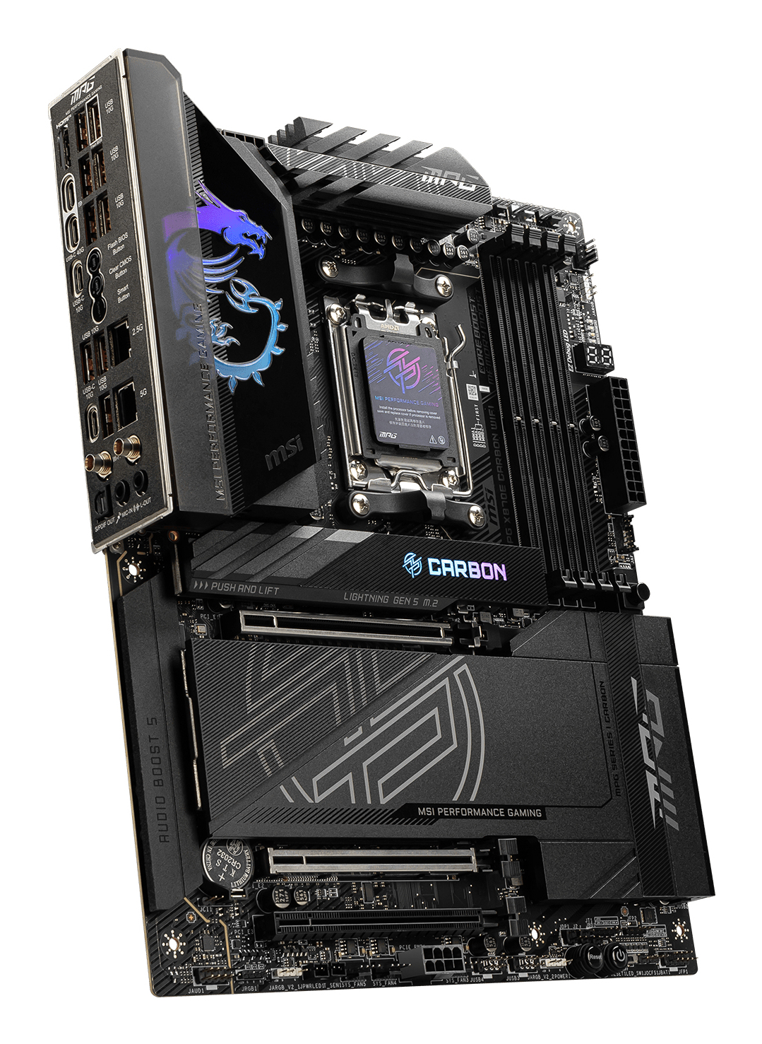 MSI MPG X870E CARBON WIFI - Motherboard - ATX - Socket AM5 - AMD X870E Chipsatz - USB 3.2 Gen 2, USB4, USB-C 3.2 Gen 2x2, Ansicht 2