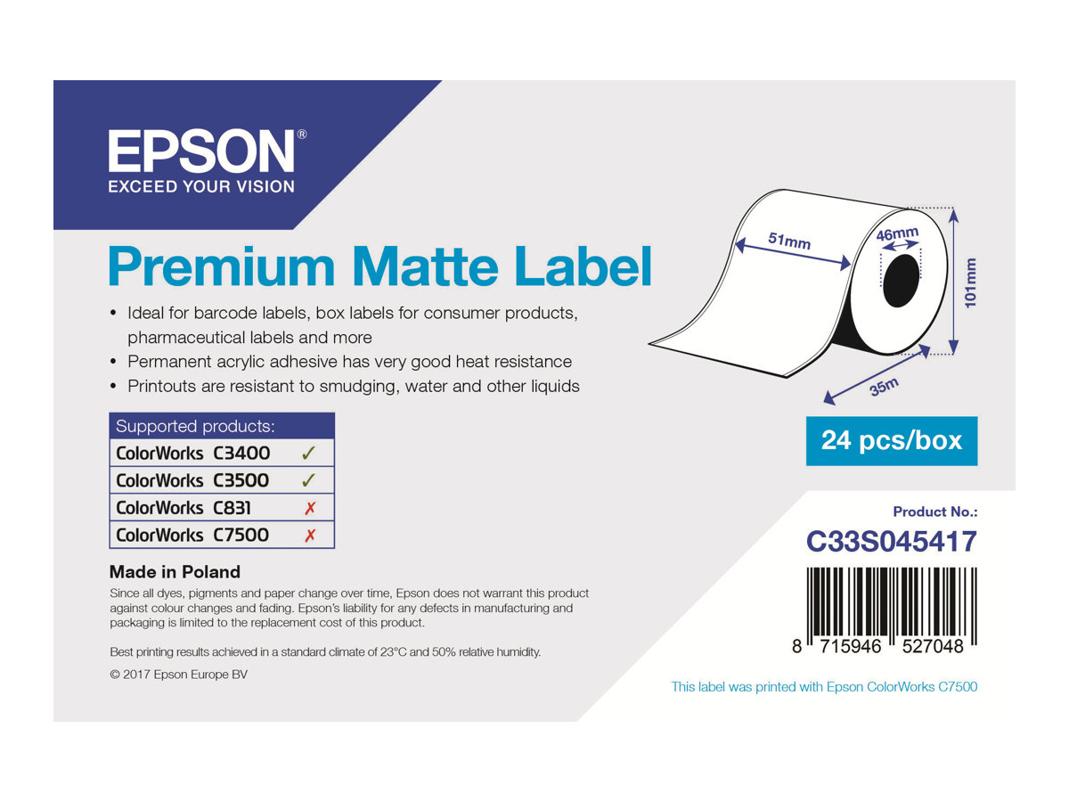 Epson Premium - Matt - Rolle (51 cm x 35 m) 1 Rolle(n) Etiketten-Endlospapier - für Epson TM-C3400-LT ColorWorks CW-C4000E (BK)