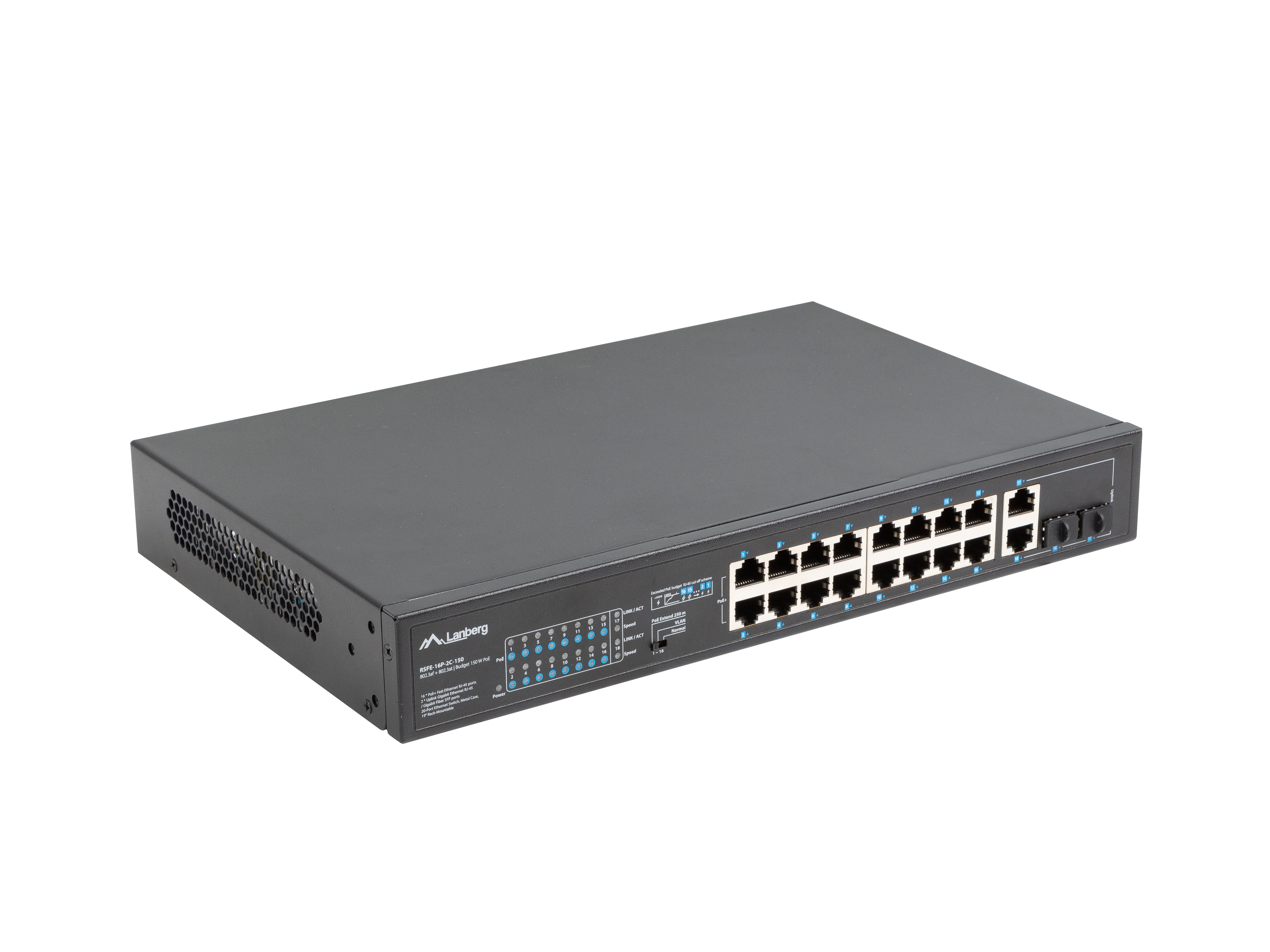Lanberg RSFE-16P-2C-150 - Unmanaged - Gigabit Ethernet (10/100/1000) - Power over Ethernet (PoE) - Rack-Einbau - 1U, Ansicht 4