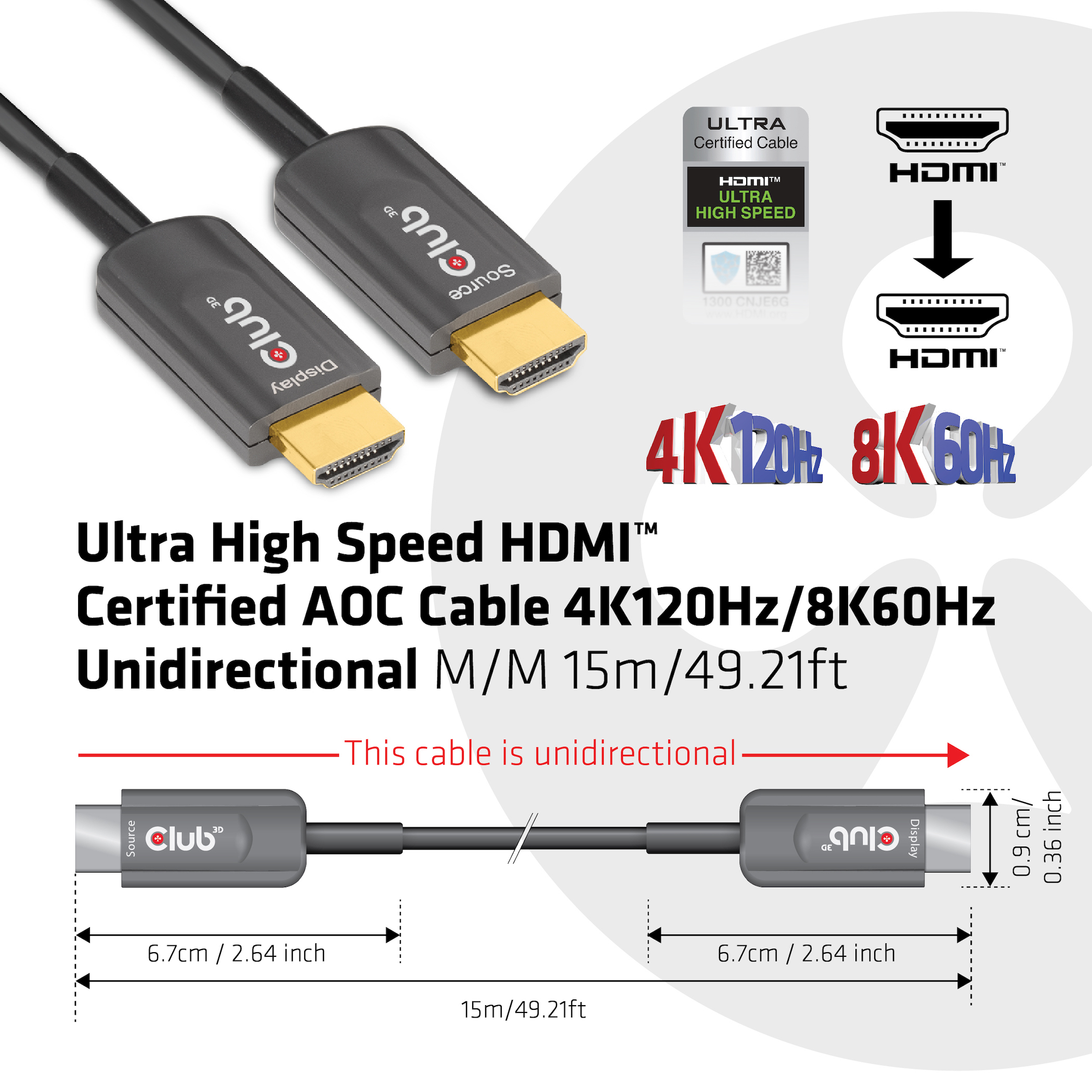Club 3D CAC-1377 - Ultra High Speed - HDMI-Kabel - HDMI männlich zu HDMI männlich - 15 m - Glasfaser - (AOC), Ansicht 3