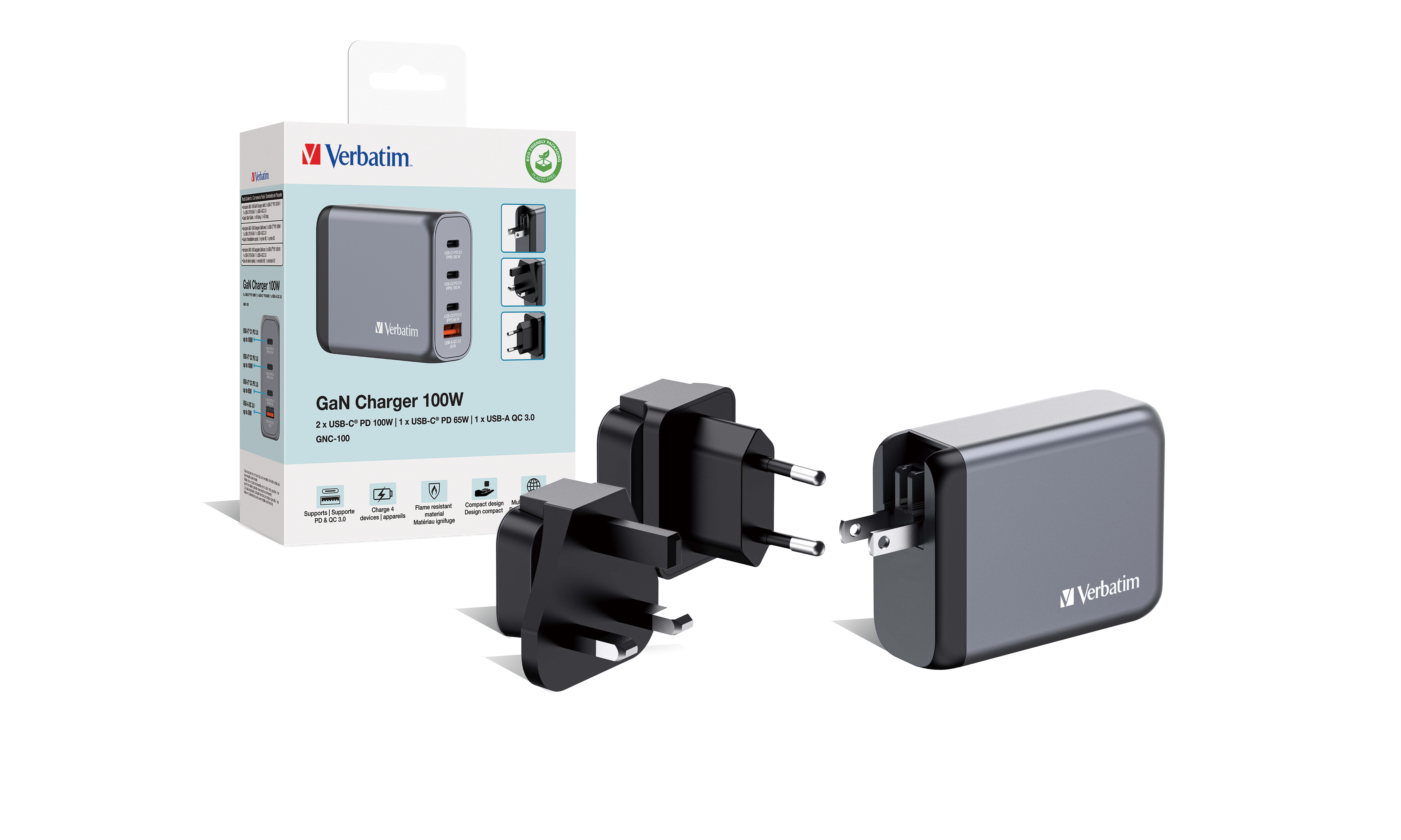 Verbatim Netzteil - GaN - 100 Watt - 5 A - PD 3.0, QC 3.0, PD/PPS - 4 Ausgabeanschlussstellen (USB, 3 x USB-C), Ansicht 2