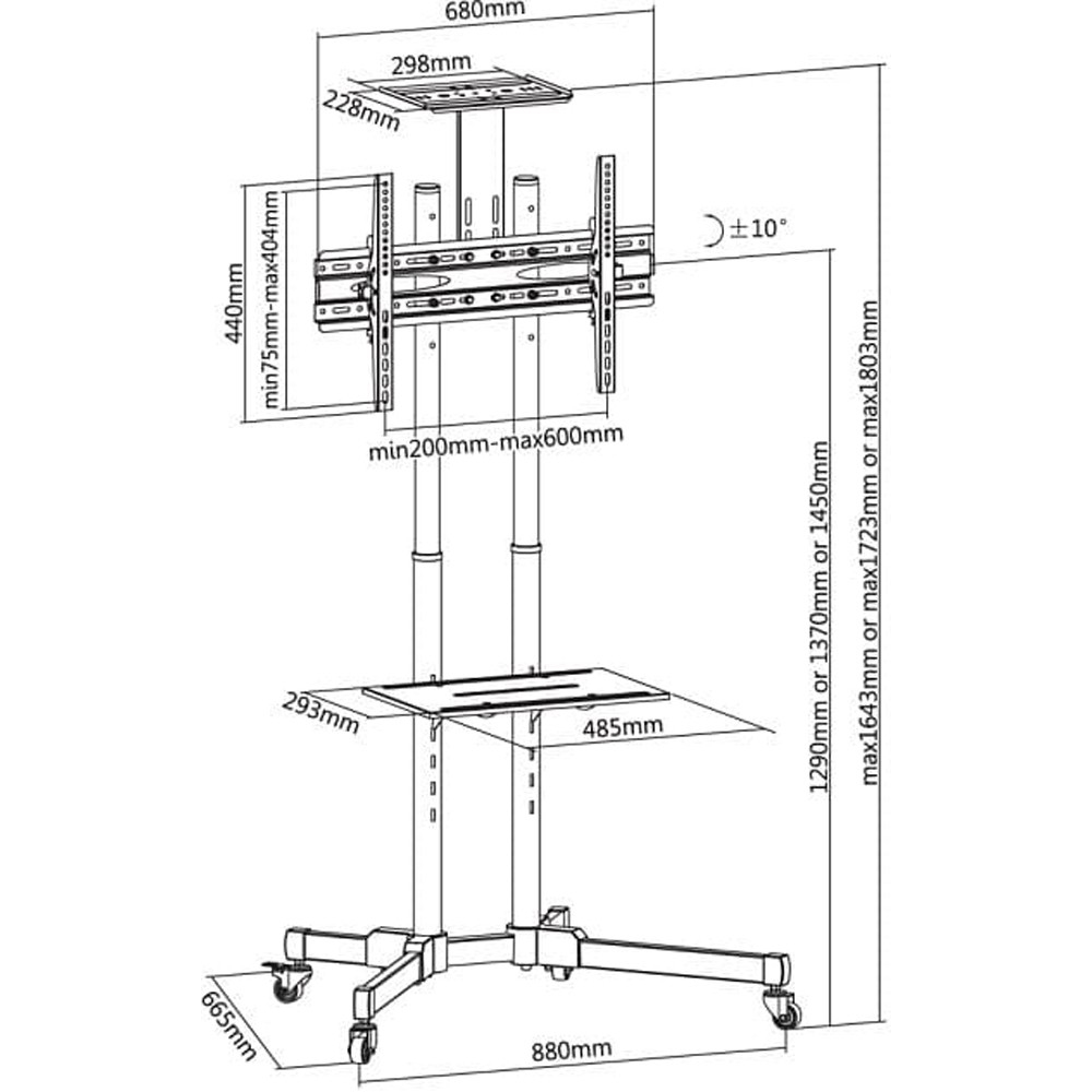 Techly Wagen - für Flachbildschirm / AV-Ausrüstung - Schwarz - Bildschirmgröße: 94-177.8 cm (37-70), Ansicht 2