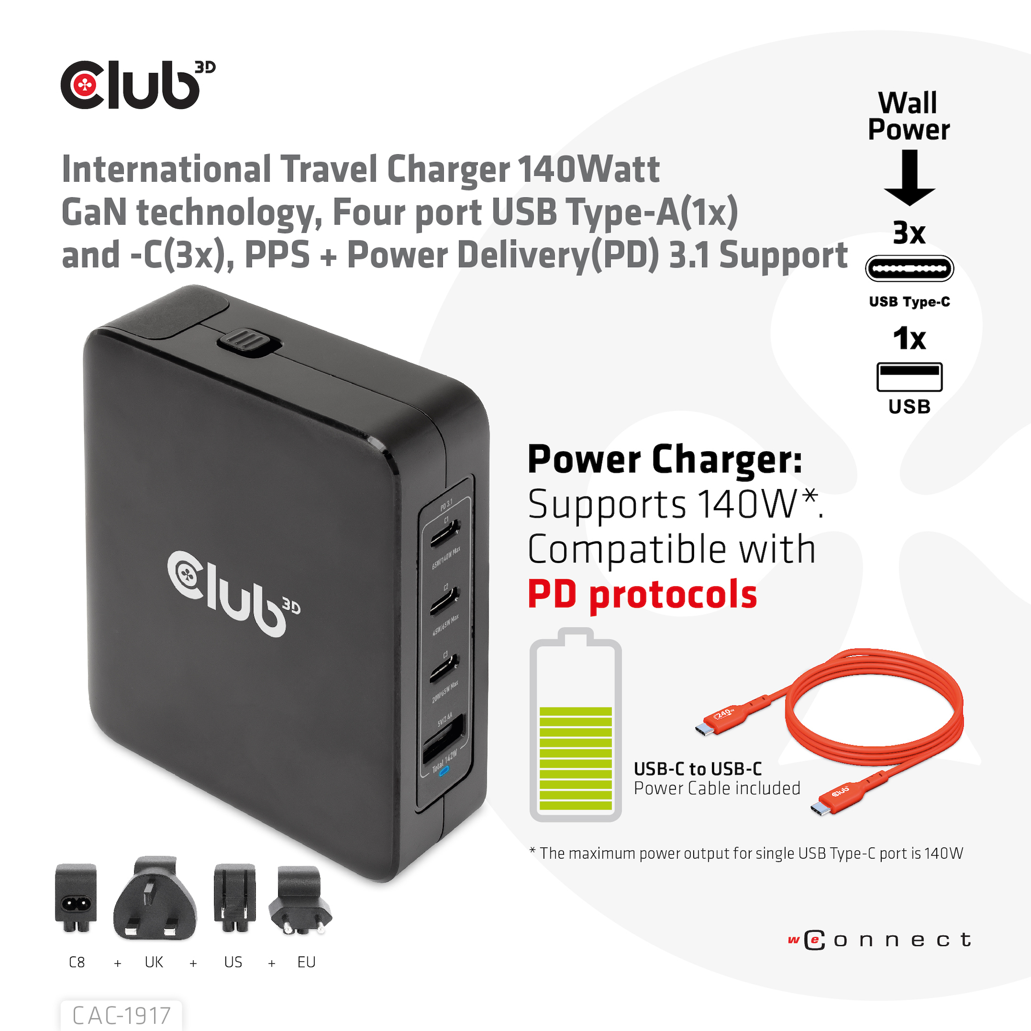 Club 3D CAC-1917 - Netzteil - GaN-Technologie - 140 Watt - 5 A - Power Delivery 3.1, PD/PPS - (USB, 3 x USB-C), Ansicht 2