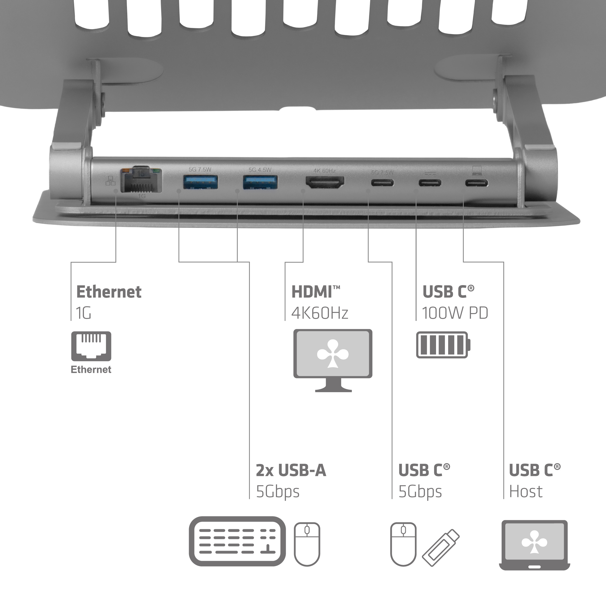 Club 3D Adjustable Aluminium Laptop Stand with USB-C Hub 4K60Hz 100W 360, Ansicht 4