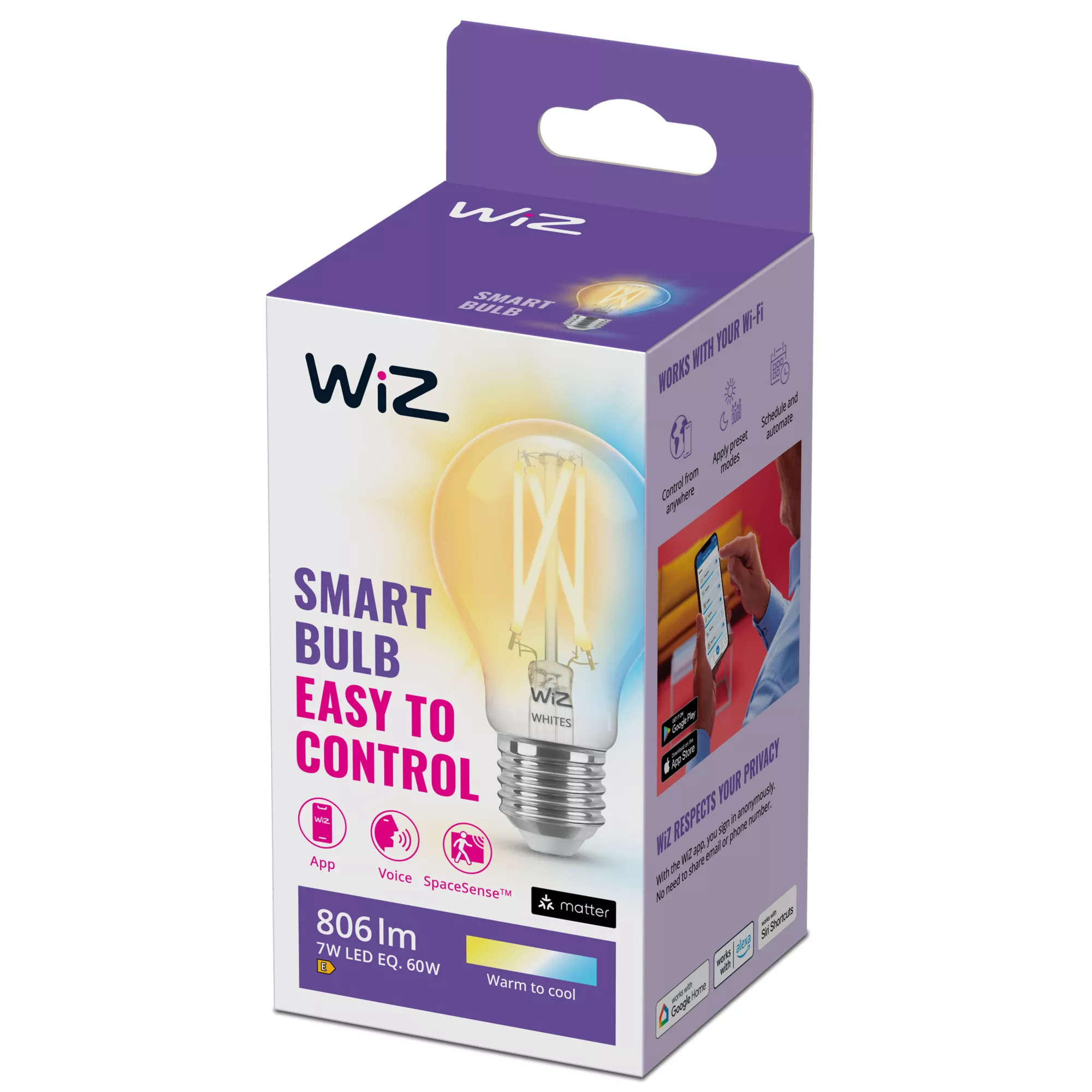 WIZCONNECTED WiZ Filament-Lampe - transparent - 60 W A60 E27 - Intelligentes Leuchtmittel - WLAN - E27 - A60 - Multi, Ansicht 2