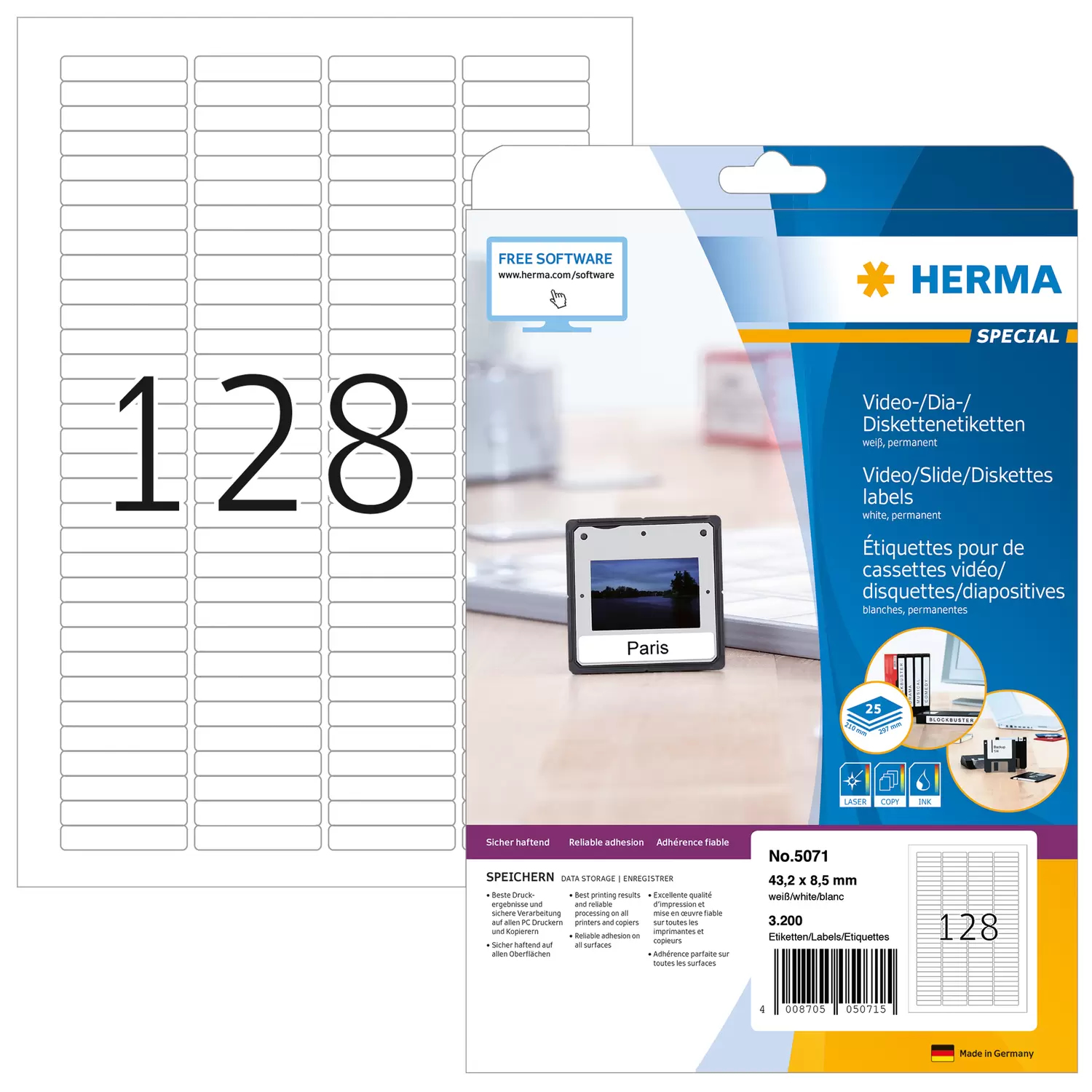 HERMA Special - Papier - matt - permanent selbstklebend - weiß - 43.2 x 8.5 mm 3200 Etikett(en) (25 Bogen x 128), Ansicht 4