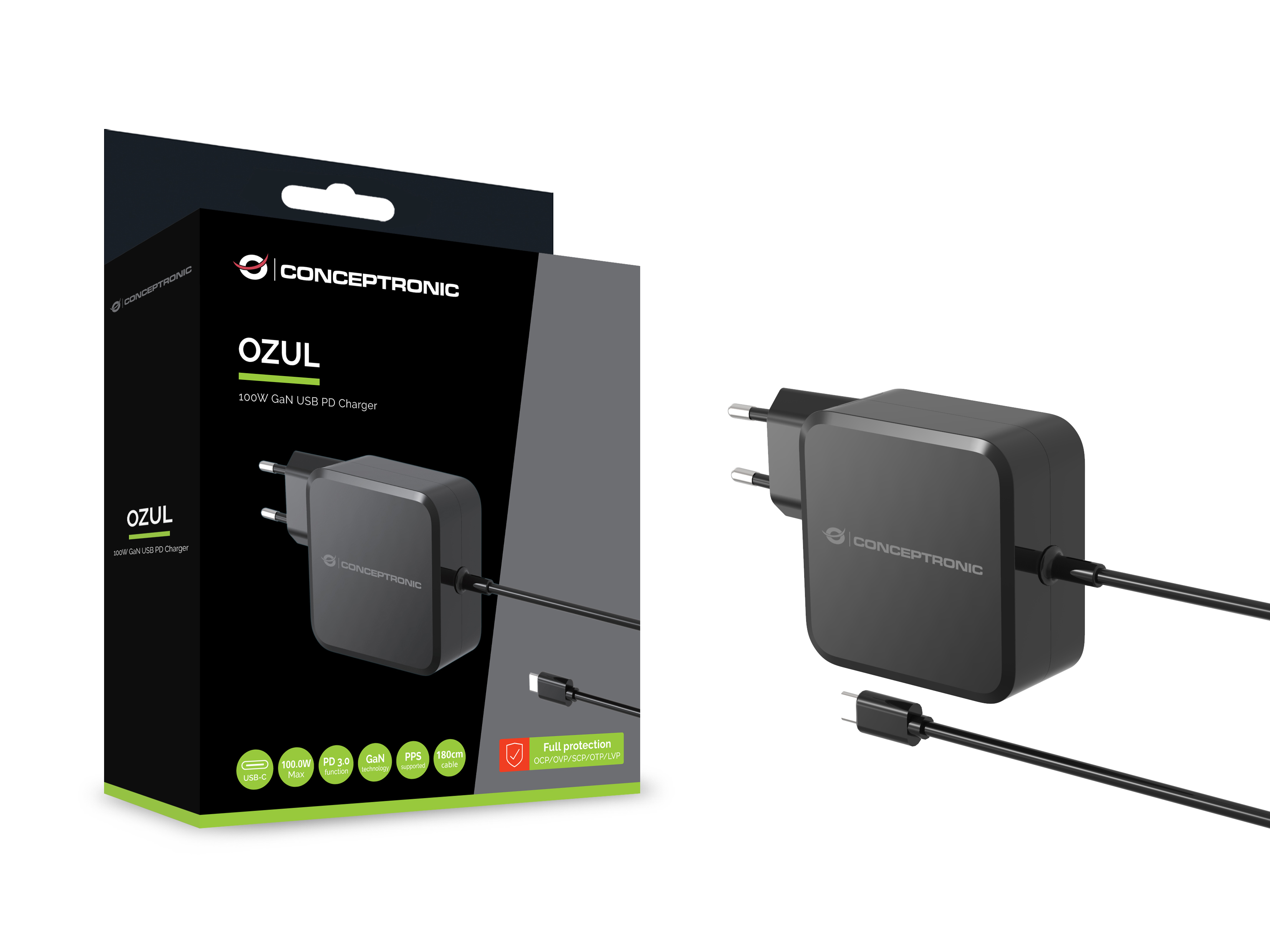 Conceptronic OZUL05BE 100W GaN USB-PD-Ladegerät - Eingebautes USB-C-Kabel - Drinnen - AC - 20 V - 1,8 m - Schwarz, Ansicht 2