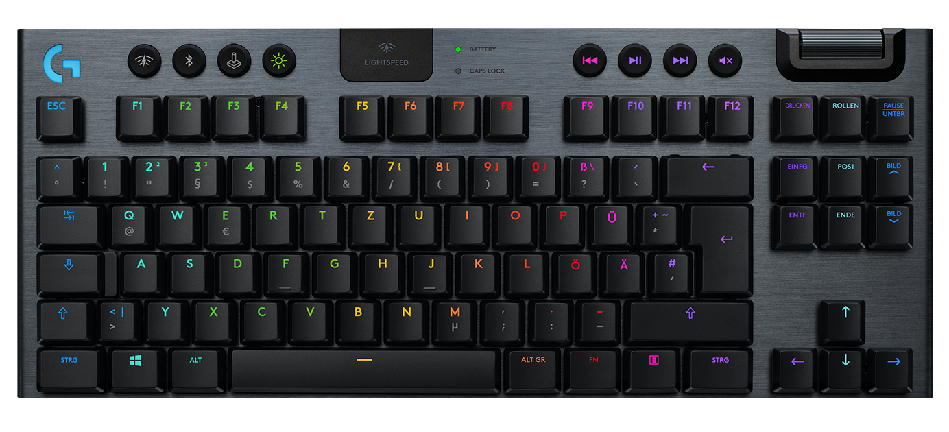 Logitech G G915 Tkl, Kabellos, RF Wireless + Bluetooth, Mechanischer Switch, QWERTY, RGB-LED, Karbon