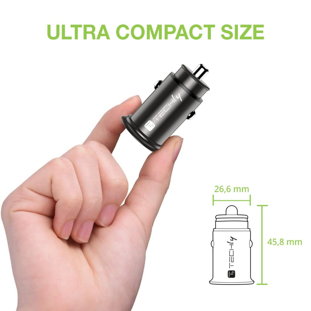 Techly Mini Car Charger USB-A and USB-C Fast Charge 3.0 38W Juodas Metal, Ansicht 3
