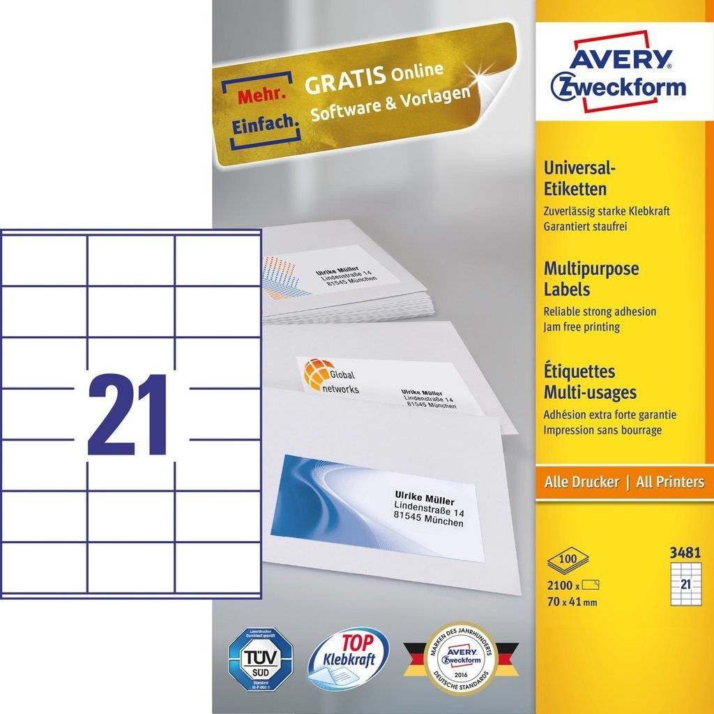 Avery Zweckform Avery - Weiß - 70 x 41 mm 2100 Etikett(en) (100 Bogen x 21), Ansicht 4
