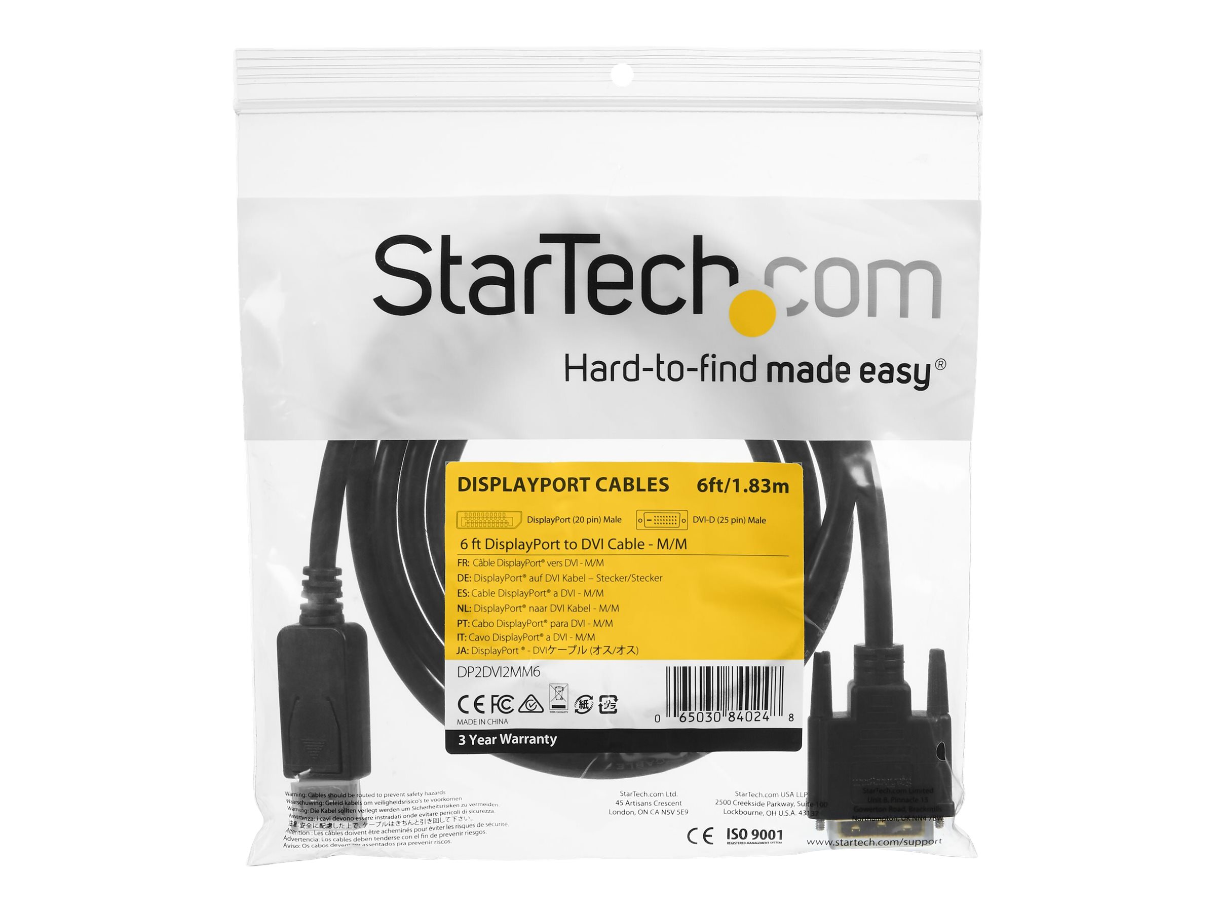 StarTech.com 1,8 Meter DisplayPort auf DVI Kabel, DisplayPort auf DVI Adapterkabel, Passiver DP auf DVI-D Video Konverter, 1080p - Ersatz für DP2DVIMM6