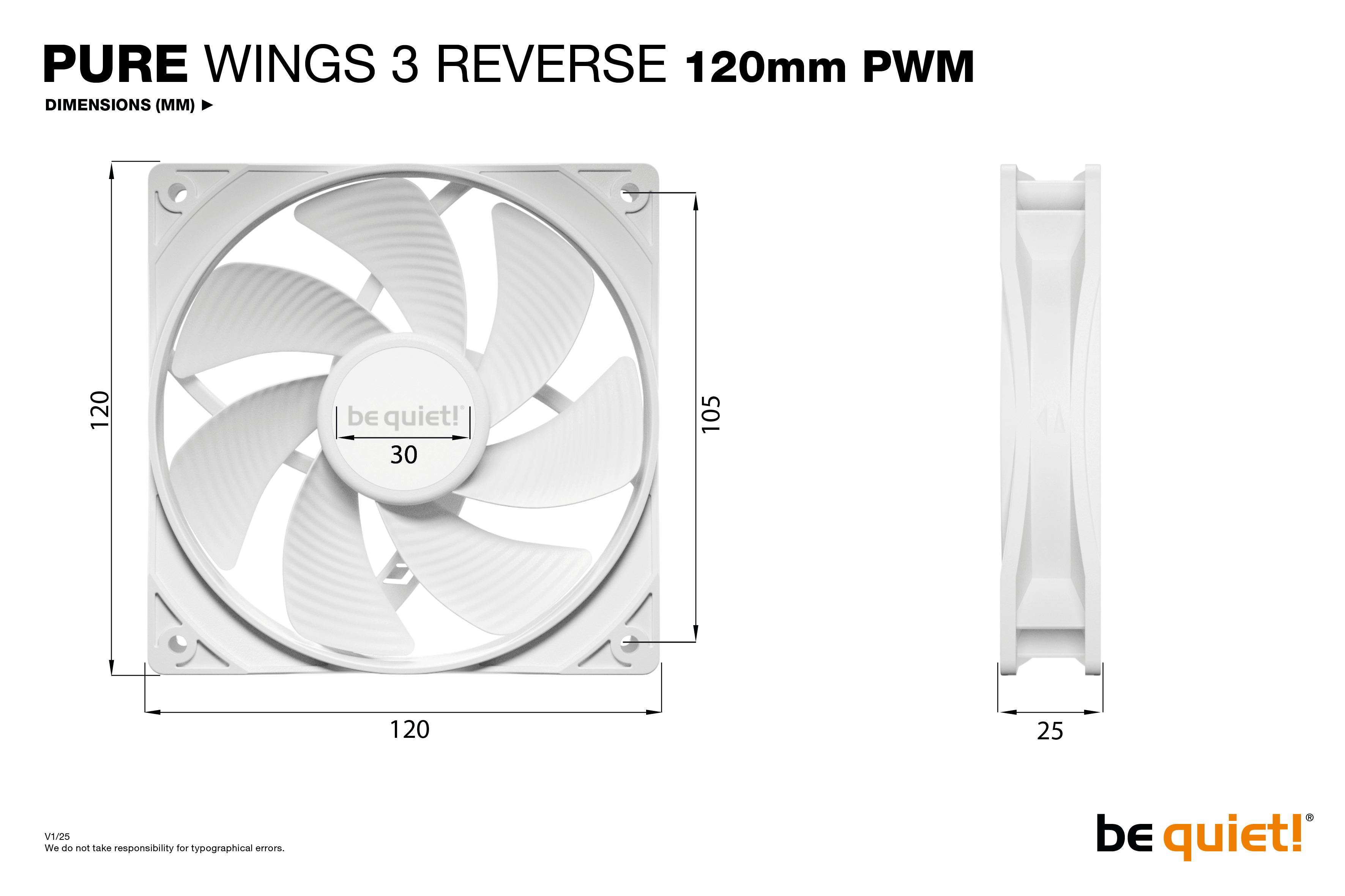 Be Quiet! Gehäuseluefter Pure Wings 3 Reverse 3-Pack 120mm PWM weiß - Gehäuse-Lüfter - 26,5 dB, Ansicht 2