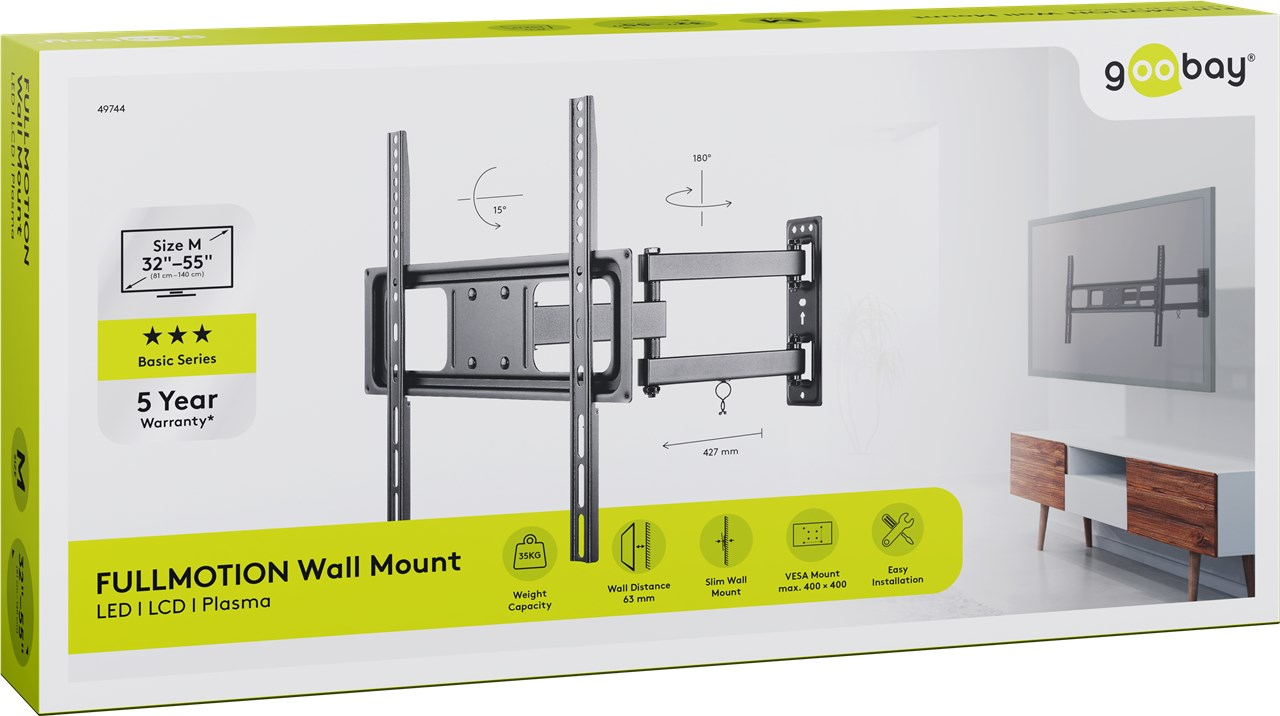 Goobay FULLMOTION - 81,3 cm (32 Zoll) - 139,7 cm (55 Zoll) - 200 x 200 mm - 400 x 400 mm - Stahl - Schwarz, Ansicht 3