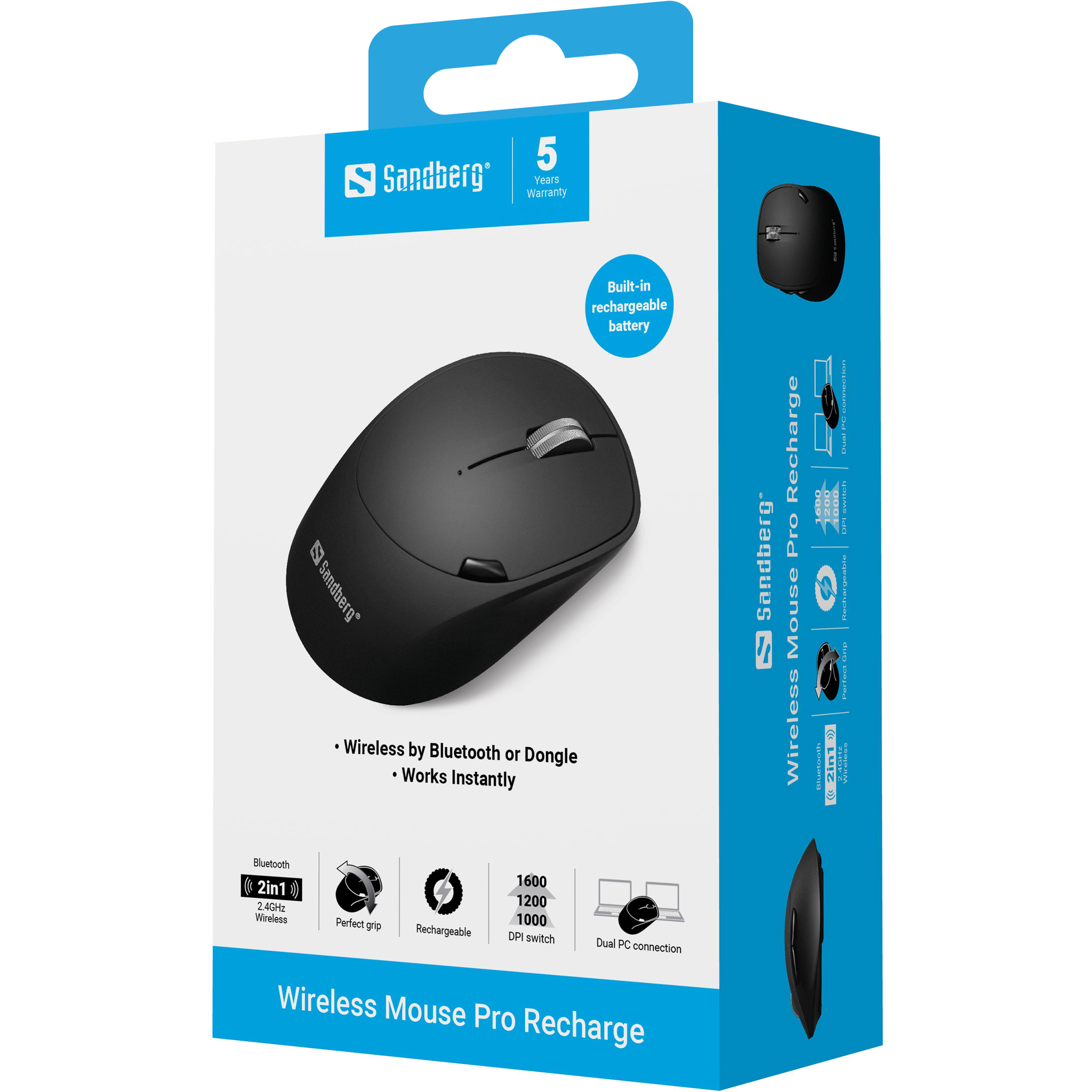 SANDBERG Pro - Maus - optisch - 6 Tasten - kabellos - 2.4 GHz, Bluetooth 4.0, Bluetooth 5.0 - kabelloser Empfänger (USB), Ansicht 2