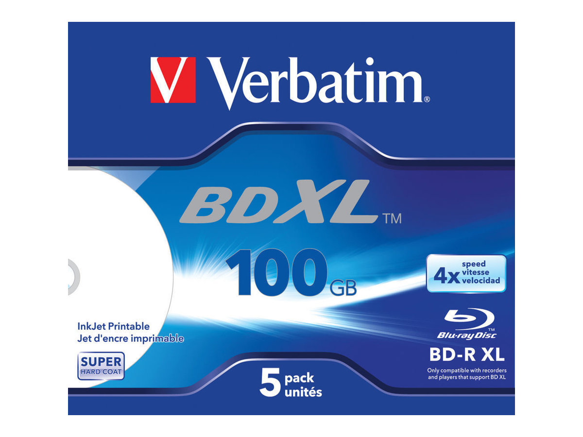Verbatim - 5 x BD-R XL - 100 GB 4x - mit Tintenstrahldrucker bedruckbare Oberfläche - Jewel Case (Schachtel)