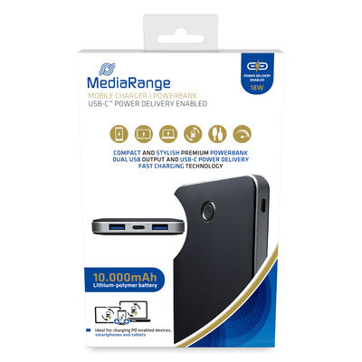 MEDIARANGE MR753 - Powerbank - 10000 mAh - 37 Wh - 22.5 Watt - 5 A - 3 Ausgabeanschlussstellen (2 x USB, 24 pin USB-C), Ansicht 4