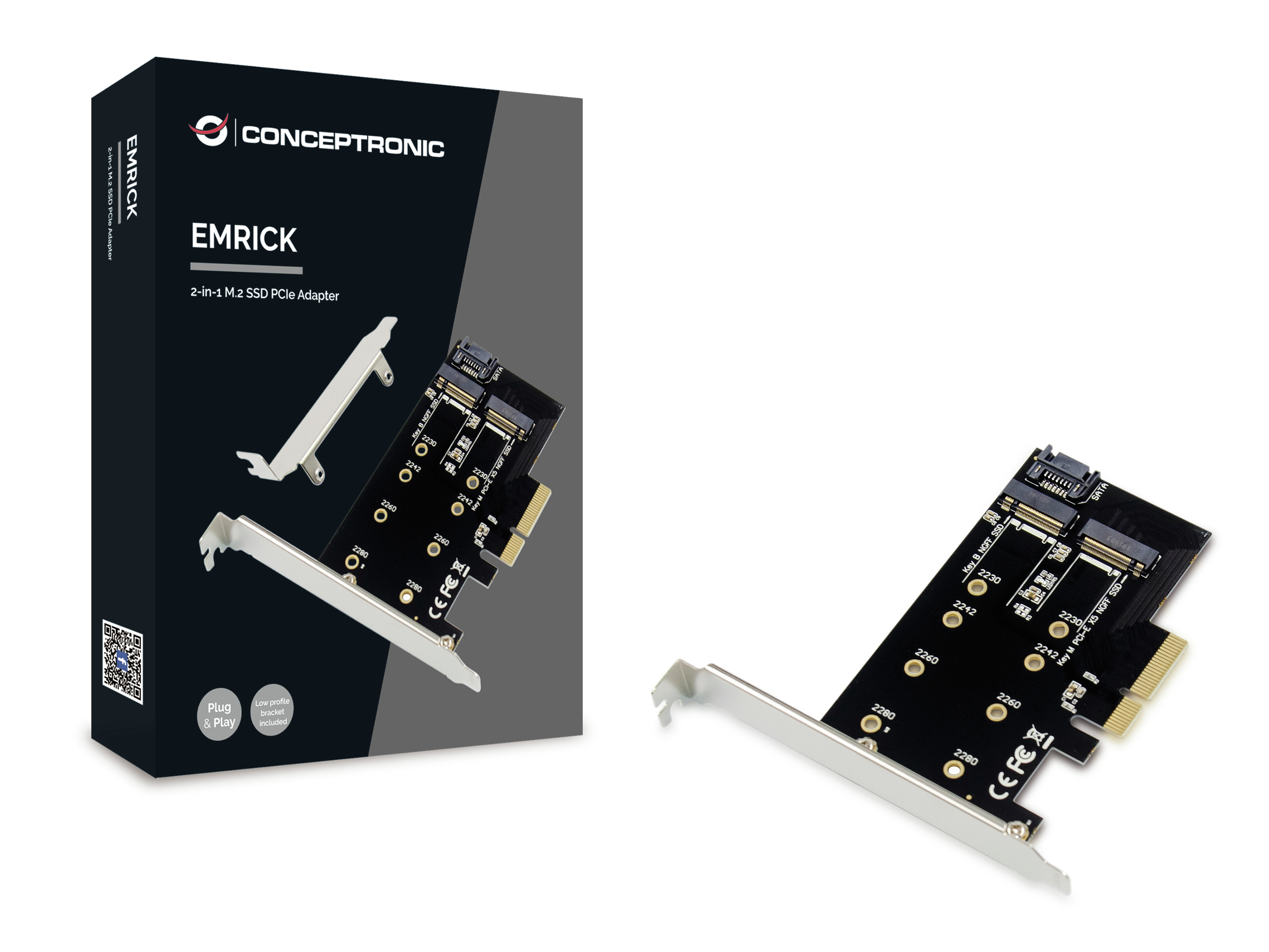 Conceptronic EMRICK 2-in-1-M.2-SSD-PCIe-Adapter SATA AHCI NVMe - PCIe - M.2 - PCIe 3.0 - Passiv - China - JMB585, Ansicht 2