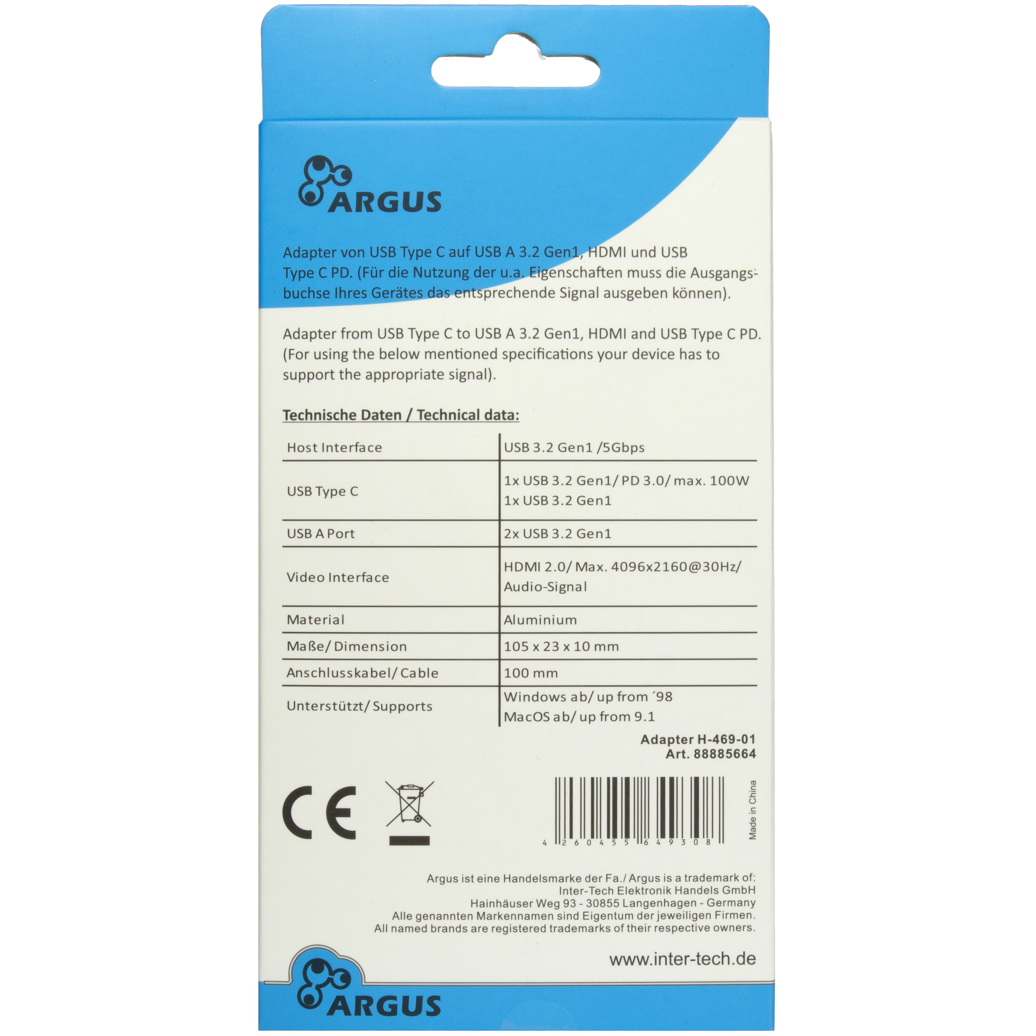 Inter-Tech Adapter Argus H-469-01 5in1 USB-C HDMI 4K PD100W - Adapter - Digital/Daten, Ansicht 2