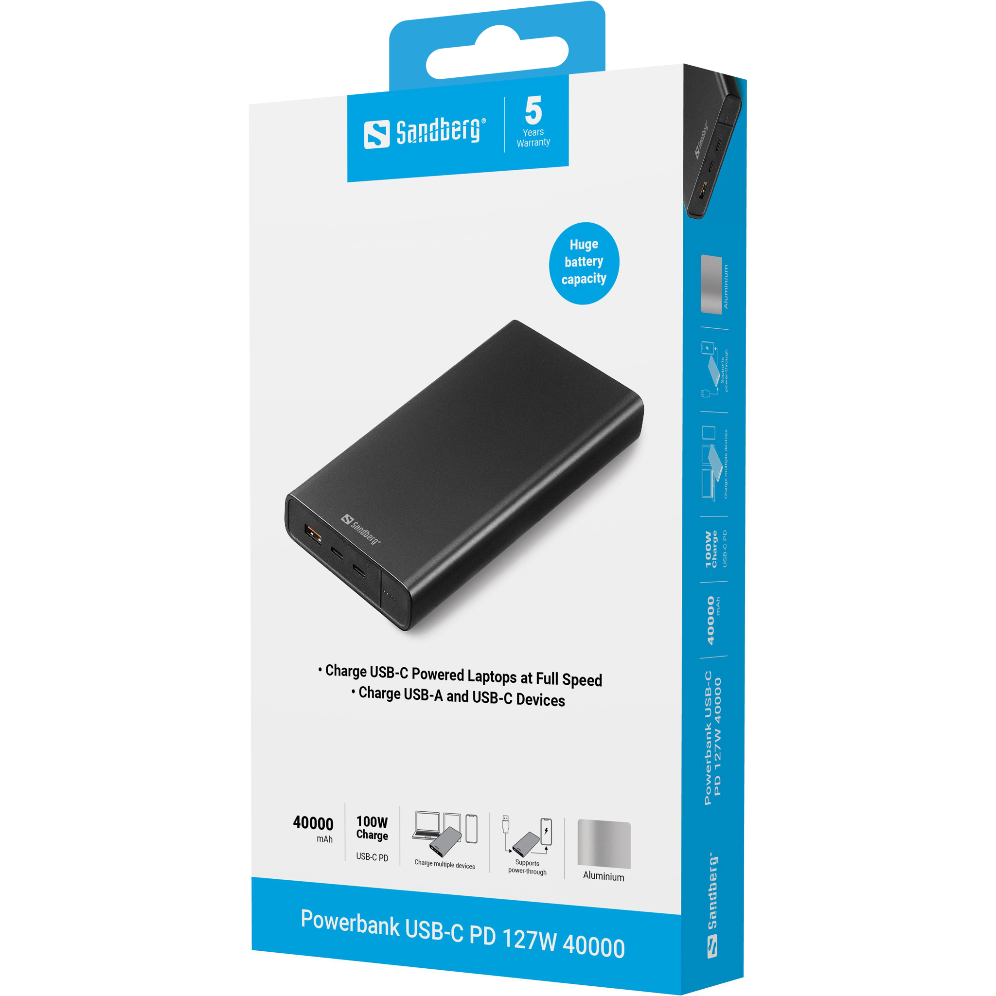 SANDBERG Powerbank - 38400 mAh - 142 Wh - 100 Watt - 3 A - PD - 3 Ausgabeanschlussstellen (2 x USB, 24 pin USB-C), Ansicht 2