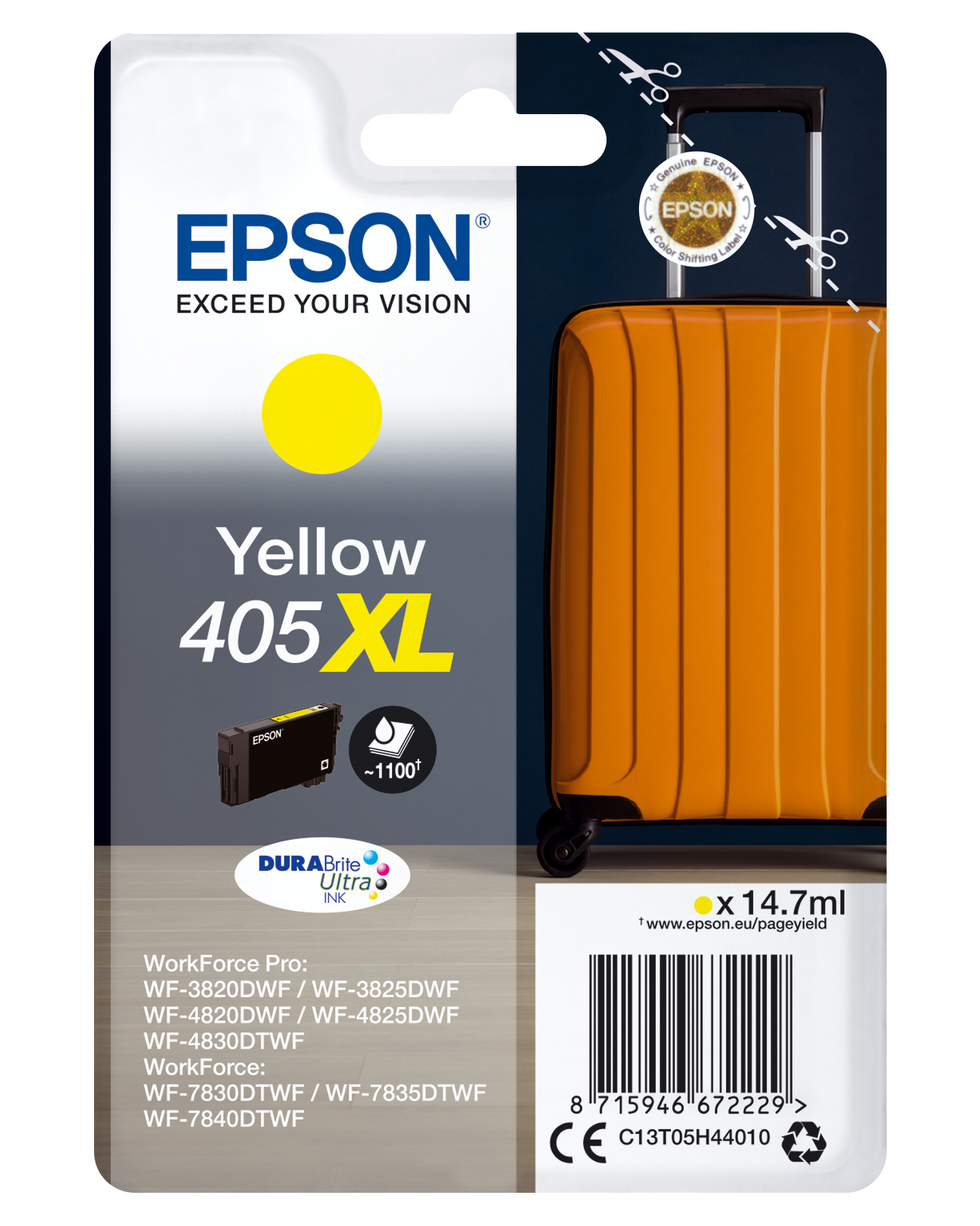 Epson Singlepack Yellow 405XL DURABrite Ultra Ink, Hohe (XL-) Ausbeute, Tinte auf Pigmentbasis, 14,7 ml, 1 Stück(e), Einzelpackung