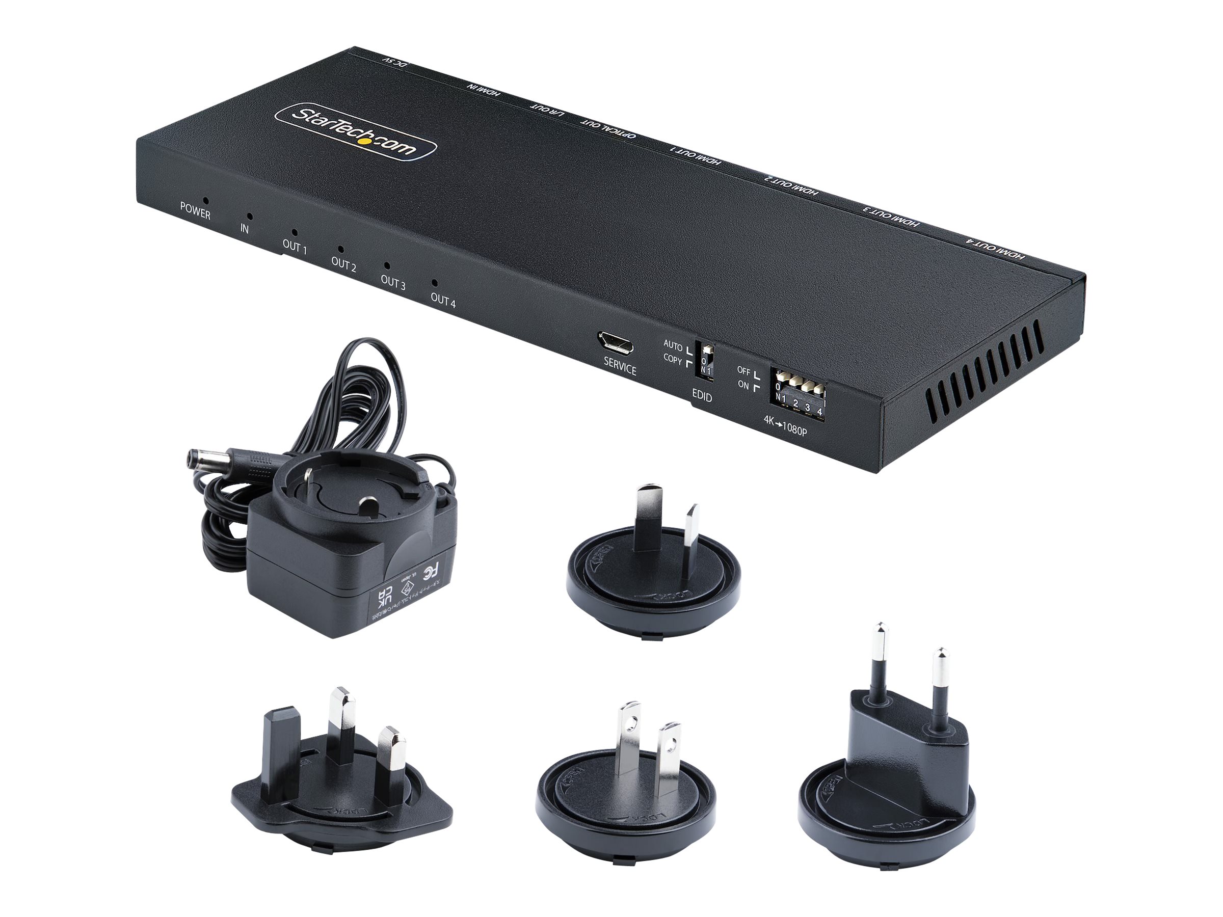 StarTech.com 4-Port HDMI Splitter, 4K 60Hz HDMI 2.0 Video, 1 In 4 Out HDMI Splitter, 4K HDMI Splitter w/Built-in Scaler, 3.5mm/Optical Audio Port, Durable Metal Housing, HDR/HDCP - 1x4 HDMI Display/Output Splitter (HDMI-SPLITTER-44K60S) - Video-/Audi...