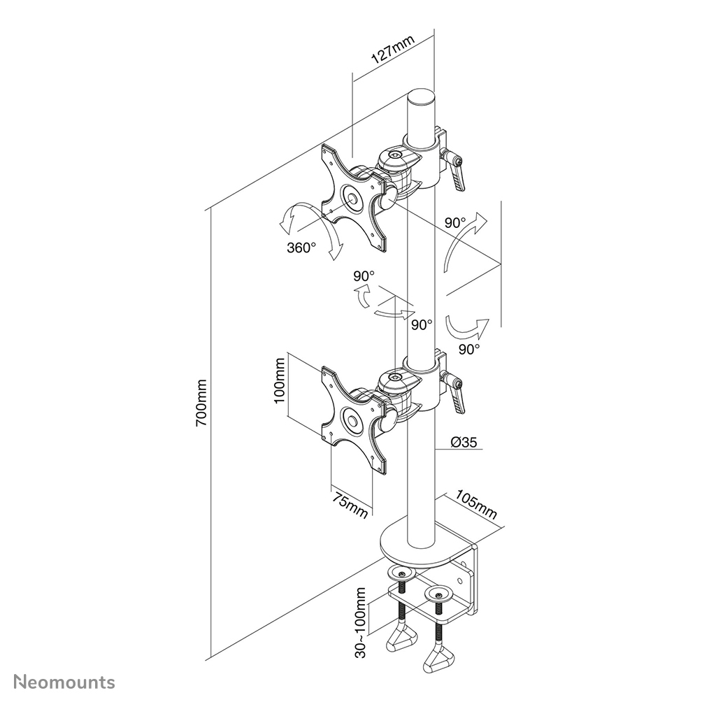 Neomounts FPMA-D700DV - Befestigungskit - full-motion - für 2 LCD-Displays - Schwarz - Bildschirmgröße: 25.4-69 cm, Ansicht 2