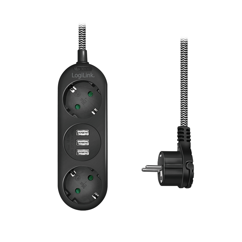 LogiLink Steckdosenleiste - Wechselstrom 250 V - 3680 Watt - Ausgangsanschlüsse: 2 (3 x USB Typ A, 2 x CEE 7/3), Ansicht 4
