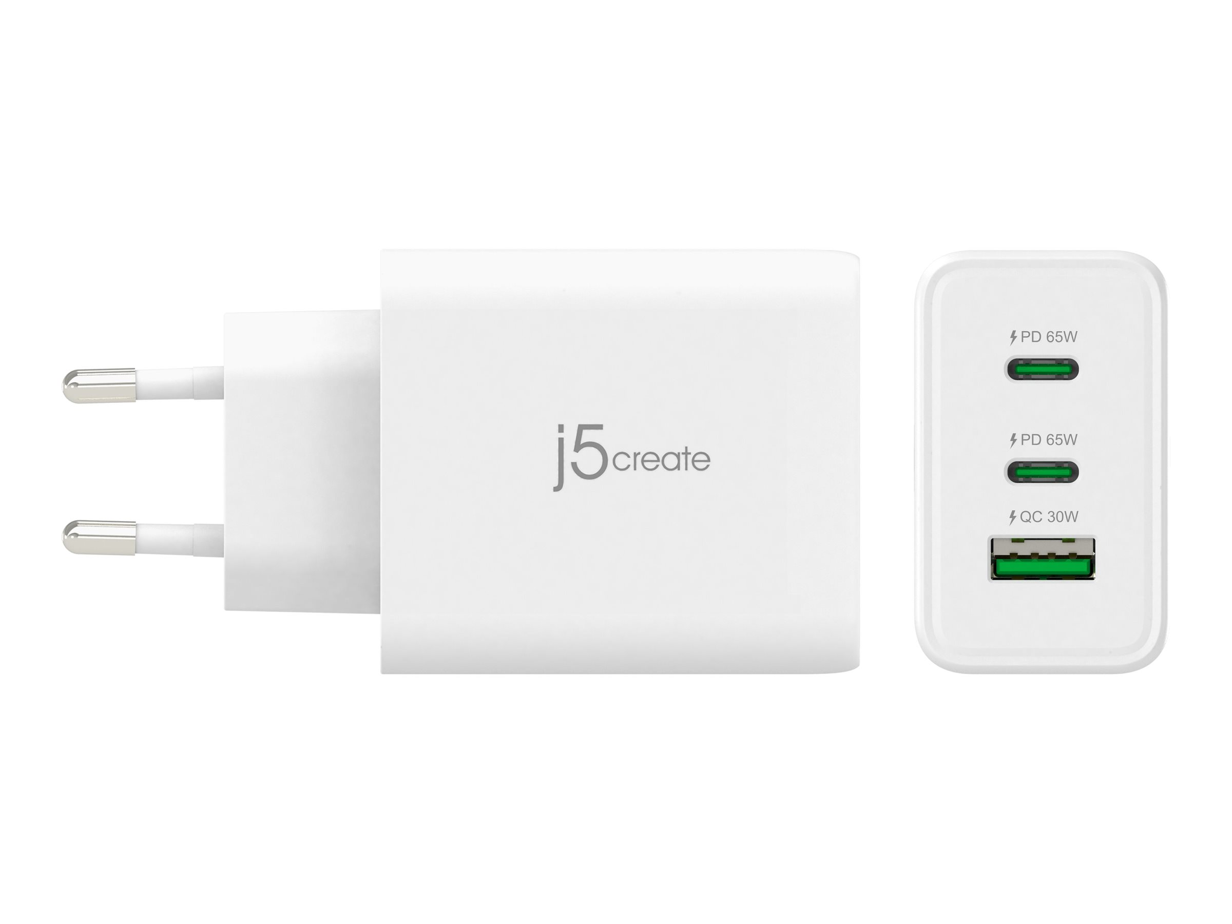 j5create JUP3365E-EN - Netzteil - 65 Watt - 4.5 A - PD 3.0, QC 3.0 - 3 Ausgabeanschlussstellen (USB Typ A, 2 x USB-C), Ansicht 3