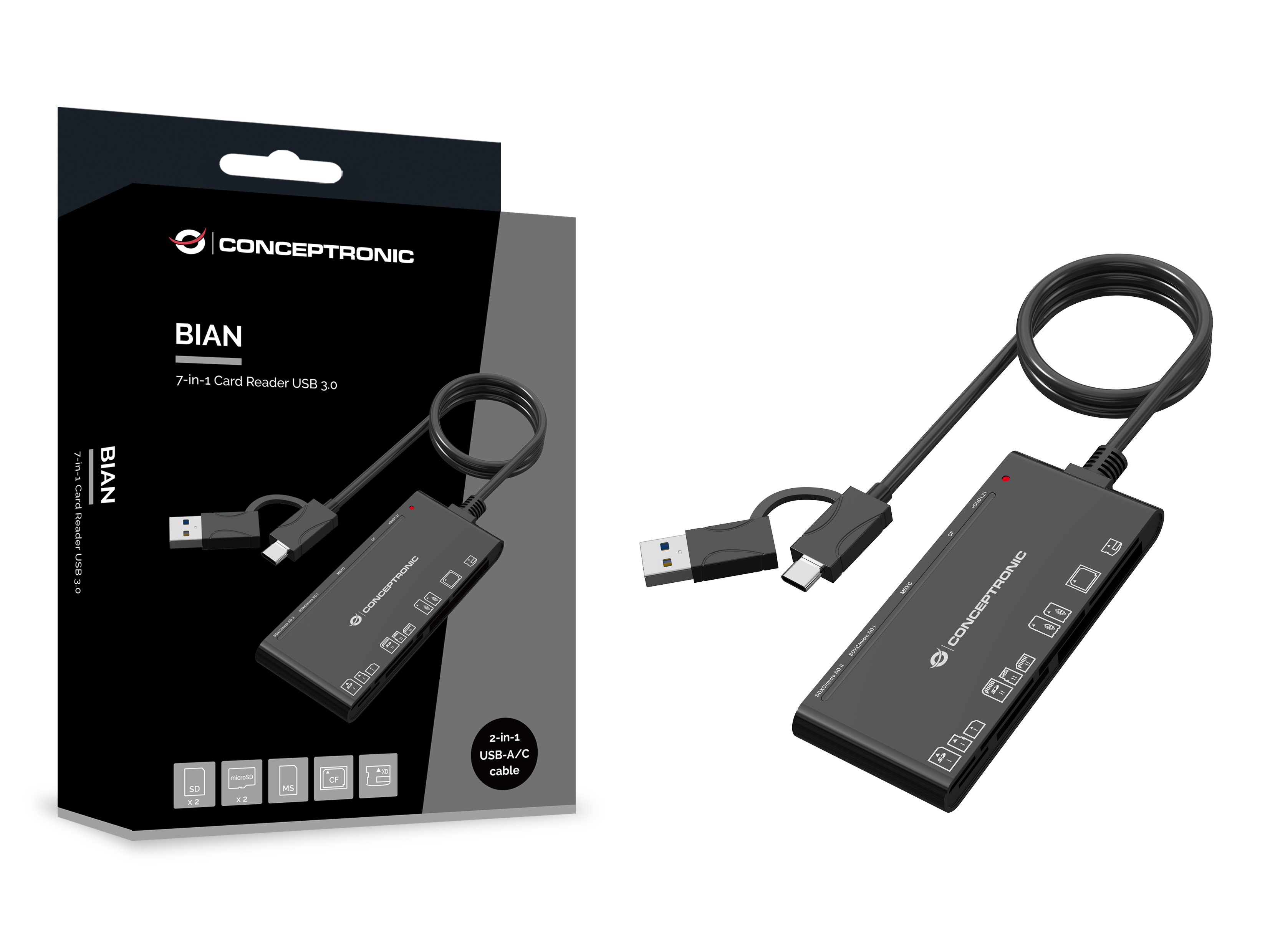 Conceptronic Card USB-A/C->SD/MicroSD/+ schwarz - Card-Reader - CompactFlash (CF Typ 1/CF+), Ansicht 3